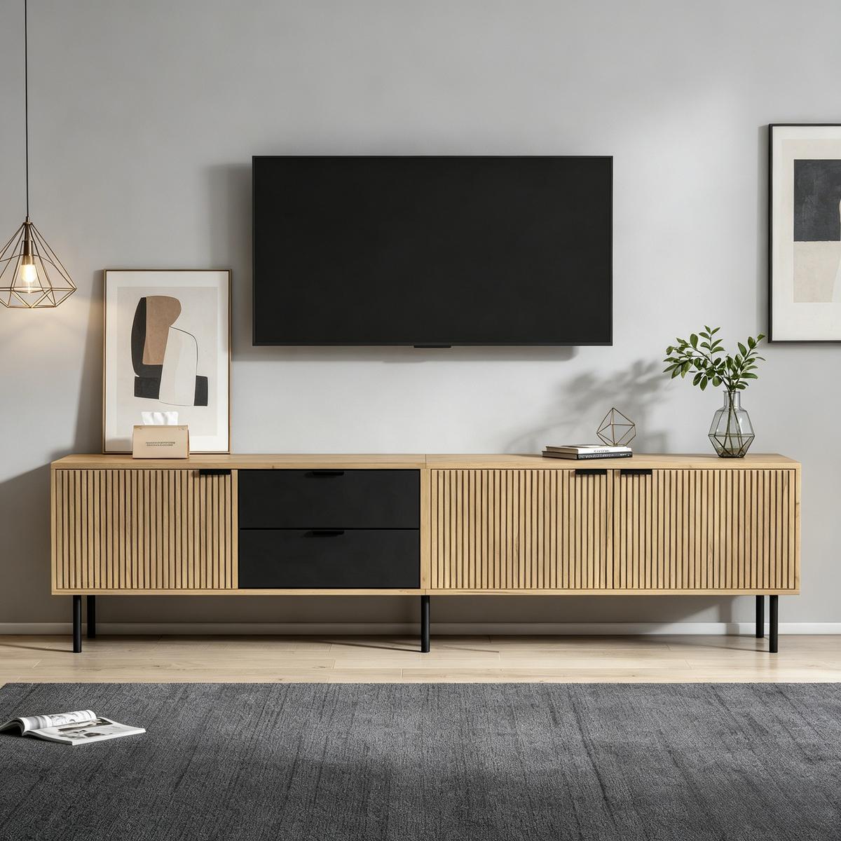 TV-LOWBOARD Lowboard 208cm Schwarz & Holzoptik für 85 Zoll, 3 Schränke und 2 Schubladen - Naturfarben, Holzwerkstoff (208/48/40cm) - Urban Meuble