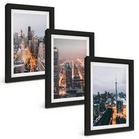 BILDER SET 3er Set - 20x30 cm Schwarzer Rahmen - Städte bei Nacht, Wolkenkratzer, Lichter - Schwarz, Kunststoff (20/30cm) - TULUP