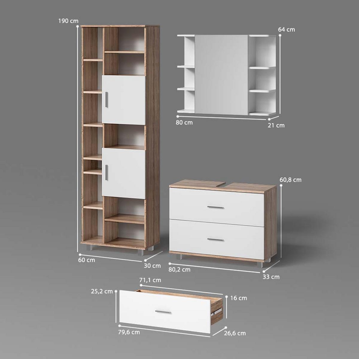 BADMÖBEL-SET Eisak Weiß/Sonoma 3 Teile, mit Unterschrank 80 cm - Weiß/Sonoma Eiche, Holzwerkstoff (80/60/33cm) - Livinity®