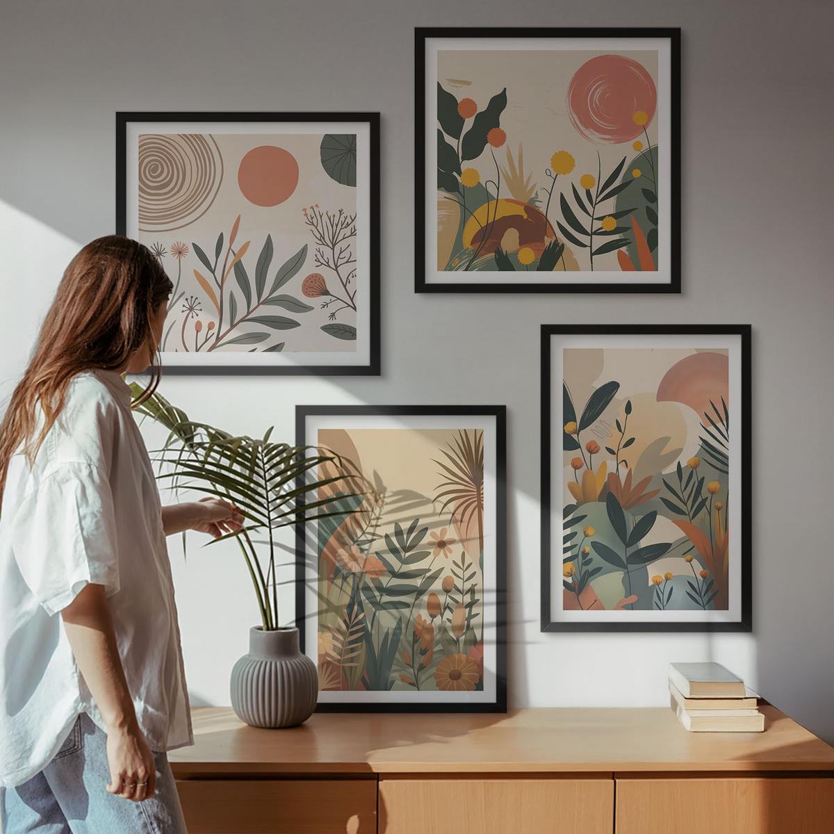 BILDER SET 4er Set - 50x50 cm & 40x60 cm Schwarzer Rahmen - Pflanzenmotive in Farben - Schwarz, Kunststoff (50/50cm) - TULUP