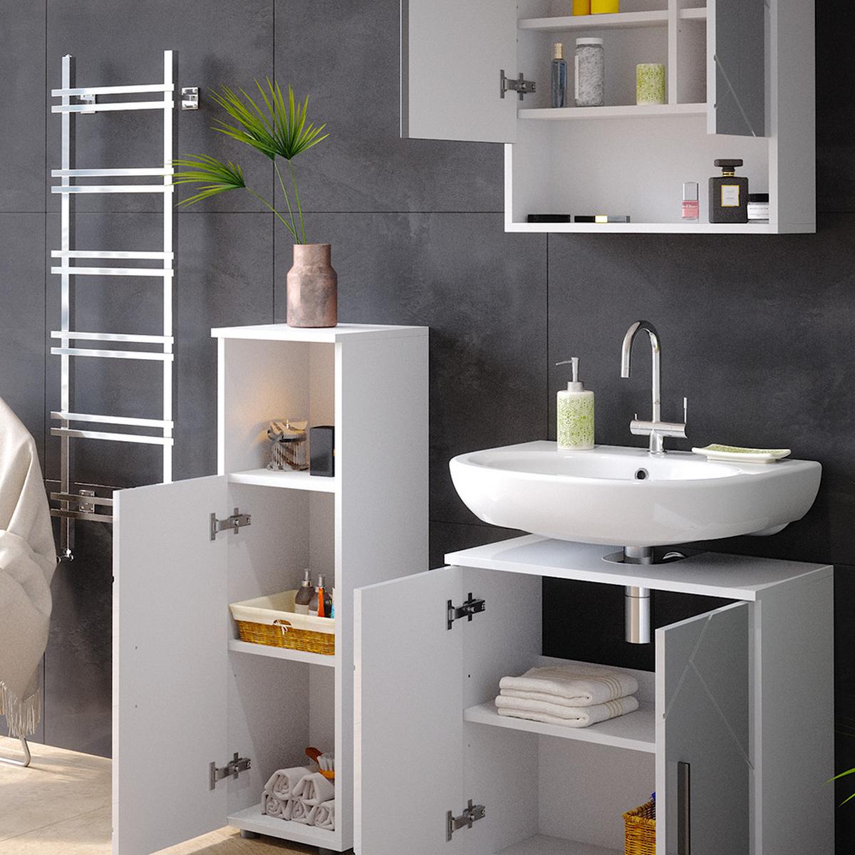 BADMÖBEL-SET Ronco Weiß Hochglanz 3 Teile - Weiß Hochglanz, Holzwerkstoff (60/192/30cm) - Livinity®
