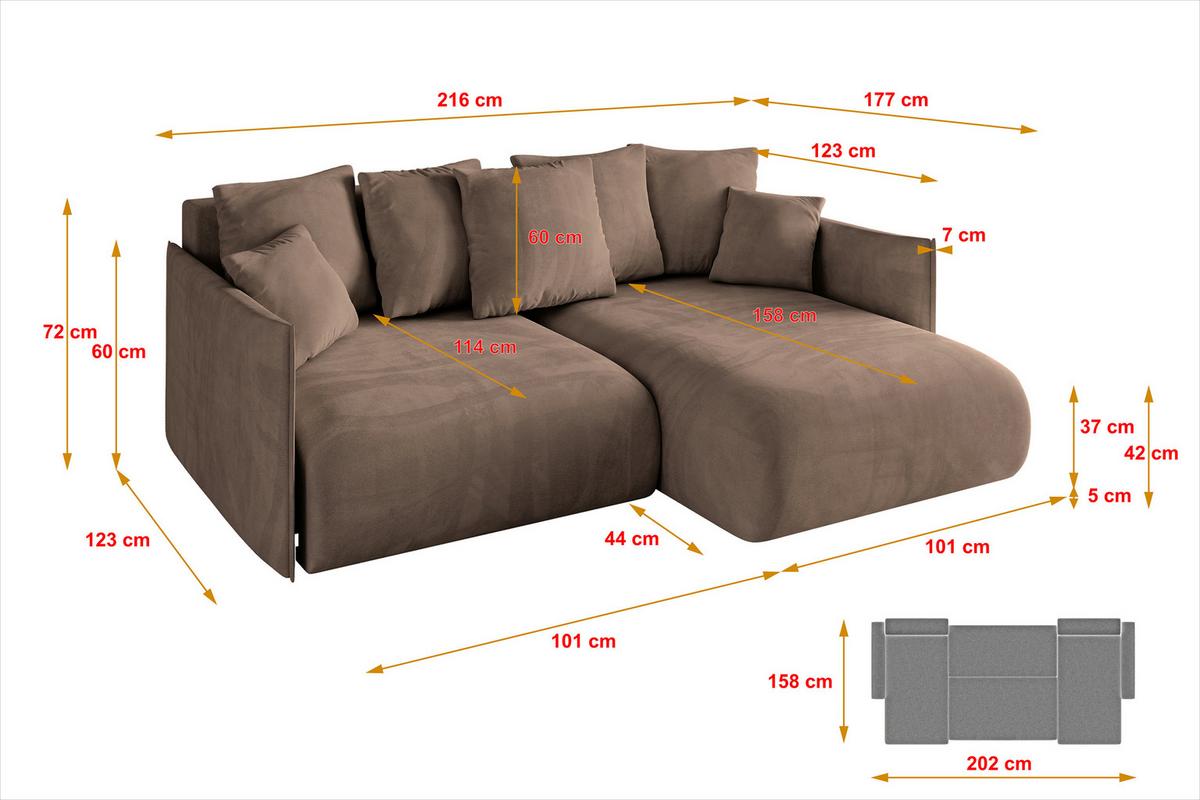 ECKSOFA Ottomane rechts ONESK-L 216x177x72 Braun Velours - Braun, Holzwerkstoff/Kunststoff (177/216cm) - ALTDECOR