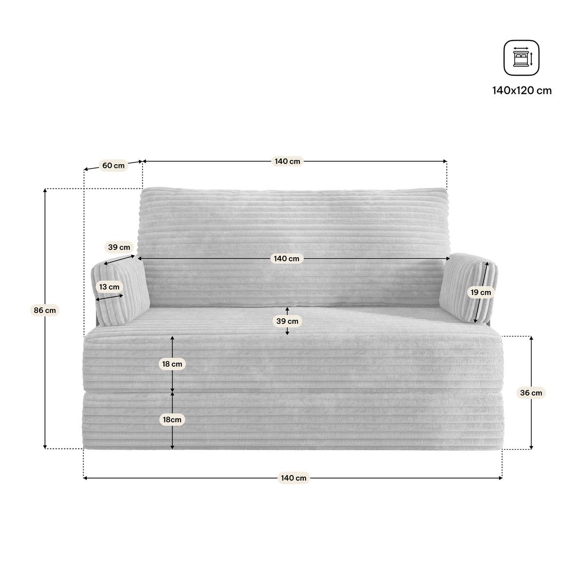 BETTSOFA LADIA aus Schaumstoff Kordstoff Hellgrau Schlaffunktion - Grau, Textil (140/86/60cm) - MASSENO