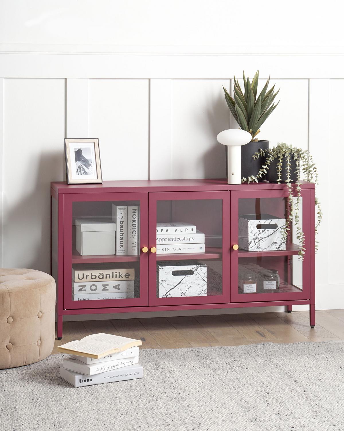 SIDEBOARD mit Glastüren Metall 115 cm Dunkelrot Newport - Dunkelrot, Metall (115/64/35cm) - Beliani