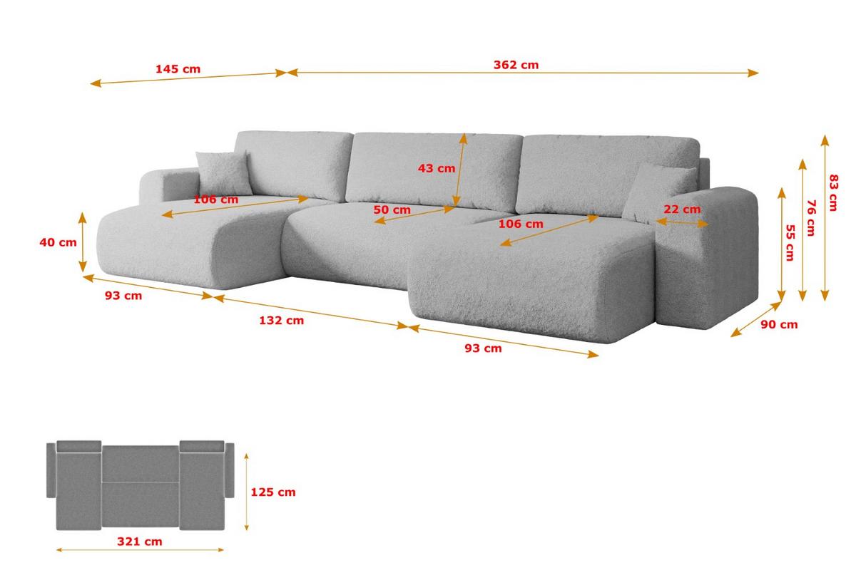 WOHNLANDSCHAFT mit Schlaffunktion und Bettkasten ORRO-U - 362x145x83 cm Hellgrau Bouclé - Hellgrau/Schwarz, Holzwerkstoff/Kunststoff (362/83/145cm) - ALTDECOR