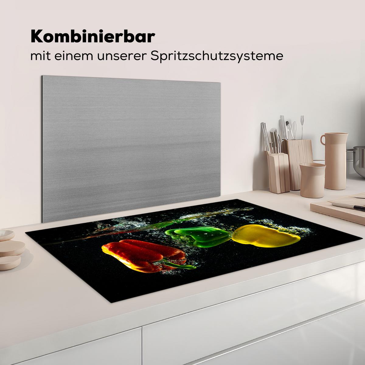 HERDABDECKPLATTE Paprika - Gemüse - Wasser - Schwarz - Rot - Grün - Gelb Induktionsschutz 91.2x52 cm - Multicolor, Kunststoff (91.2/52/0.2cm) - MuchoWow