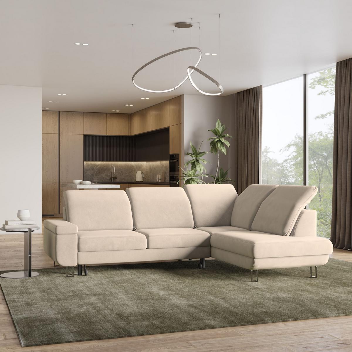 ECKSOFA LERMA R-S Creme Velours-Stoff mit Schlaffunktion - Silberfarben/Creme, Holz/Textil (253/190cm) - MASSENO