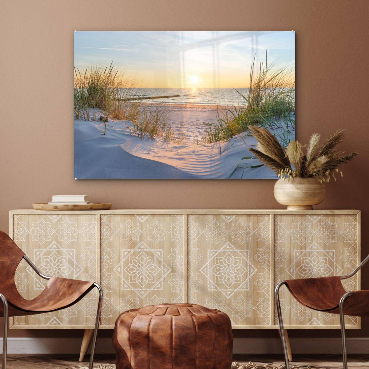 ACRYLGLASBILD Strand - Sonne - Düne - Gras - Sand - Horizont Wandbild Schlafzimmer 120x80 cm - Hellblau, Glas (120/80cm) - MuchoWow