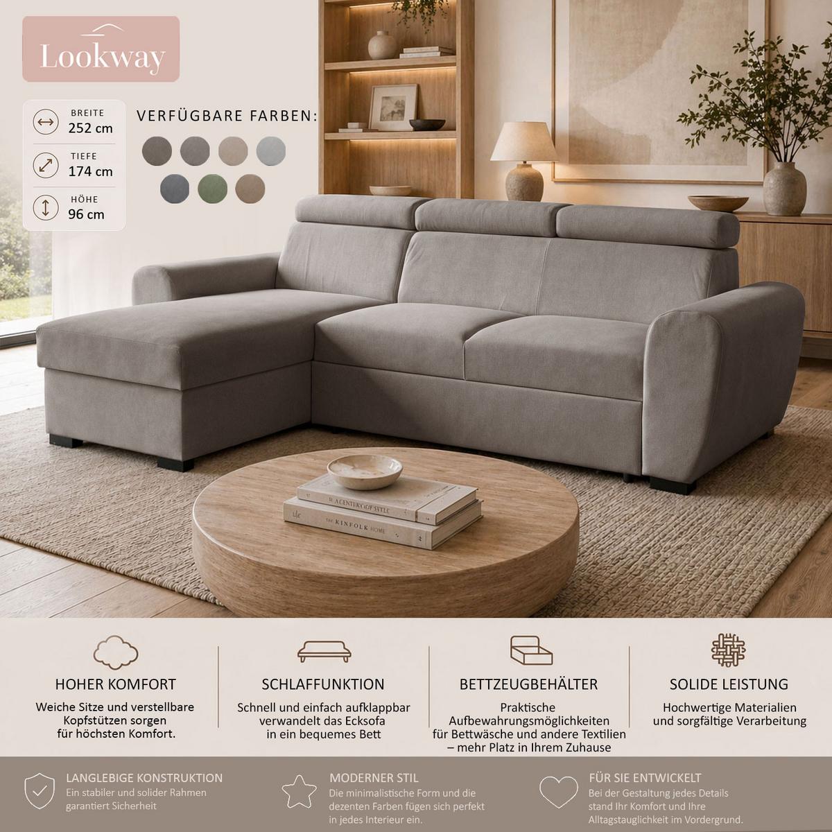 ECKSOFA FALCO mit Schlaffunktion Elli 36 - Grün, Textil (253/174cm) - Lookway
