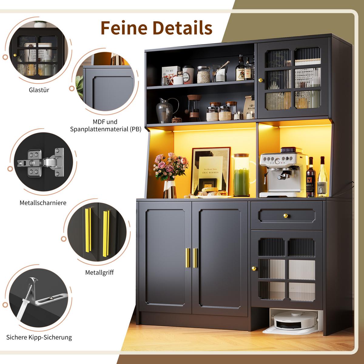 KÜCHENSCHRANK Schwarz 130x180 cm mit App-LED & Saugroboter-Garage - Schwarz, Holzwerkstoff (130/180/45cm) - Urban Meuble