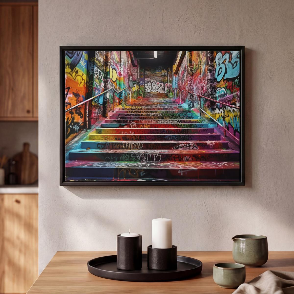 LEINWAND Bilder mit Rahmen - Treppe - Graffiti - Farben - Kunst - 40x30 - Multicolor, Textil (40/30cm) - MuchoWow