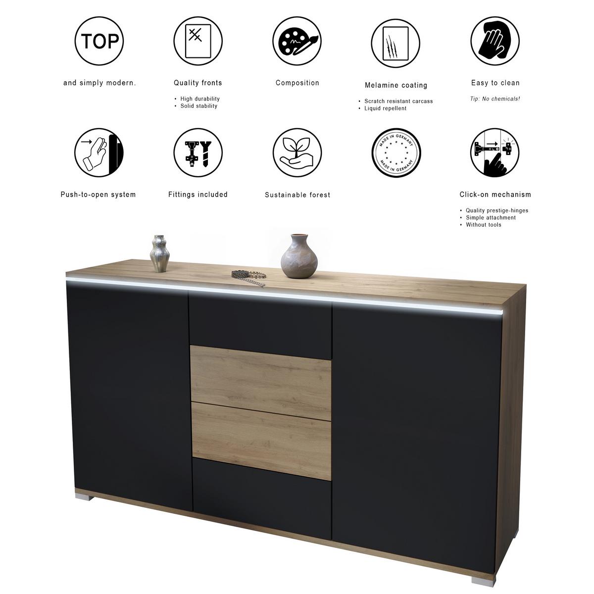 SIDEBOARD Faro Eiche Evoke - Eiche San Remo, Holzwerkstoff (138.5/75.5/35cm) - Vladon