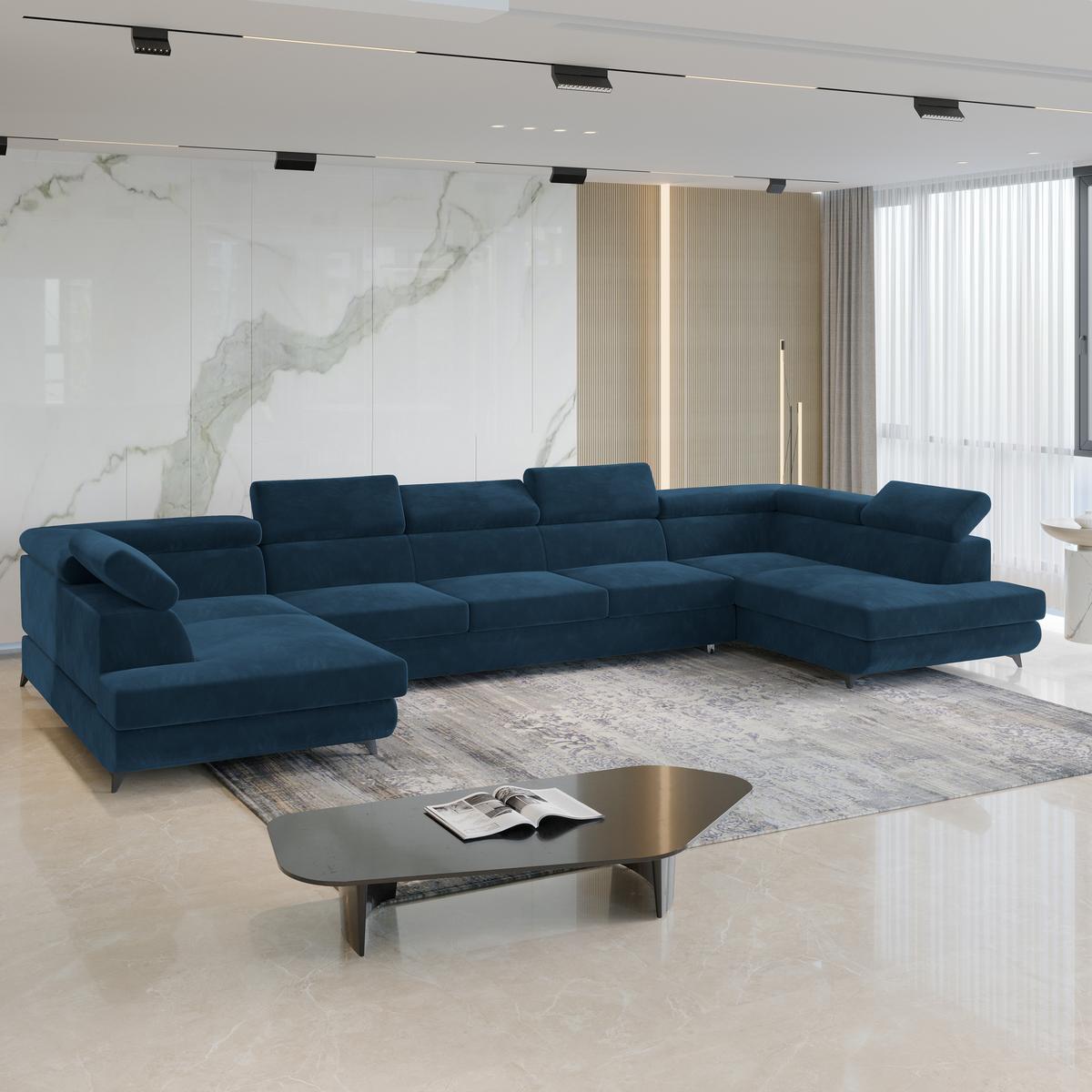 WOHNLANDSCHAFT URMANO Blau Velours-Stoff mit Schlaffunktion - Blau, Holz (395/89/190cm) - MASSENO