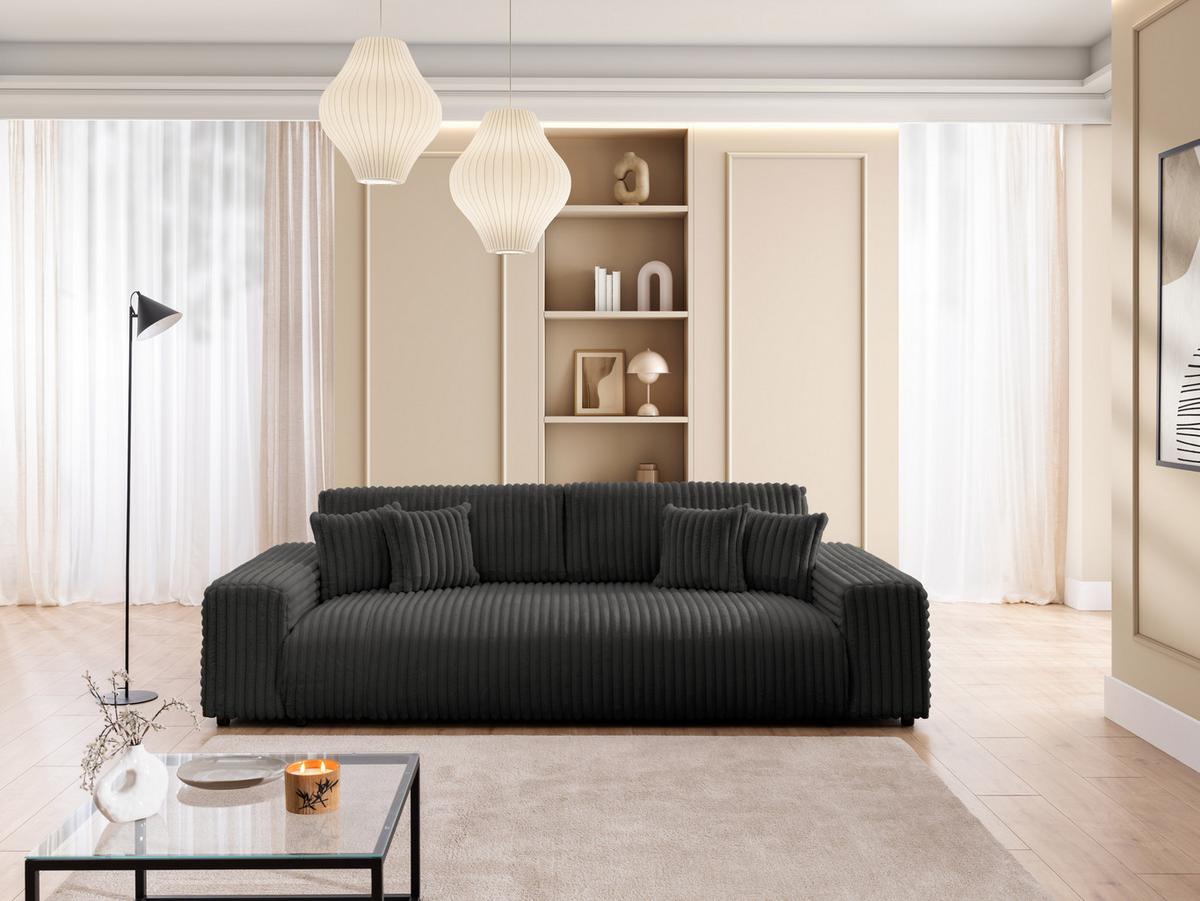 BIGSOFA Mollis Dunkelgrau Plüschcord mit Schlaffunktion - Dunkelgrau/Schwarz, Holz/Kunststoff (260/77/124cm) - S-Style Möbel