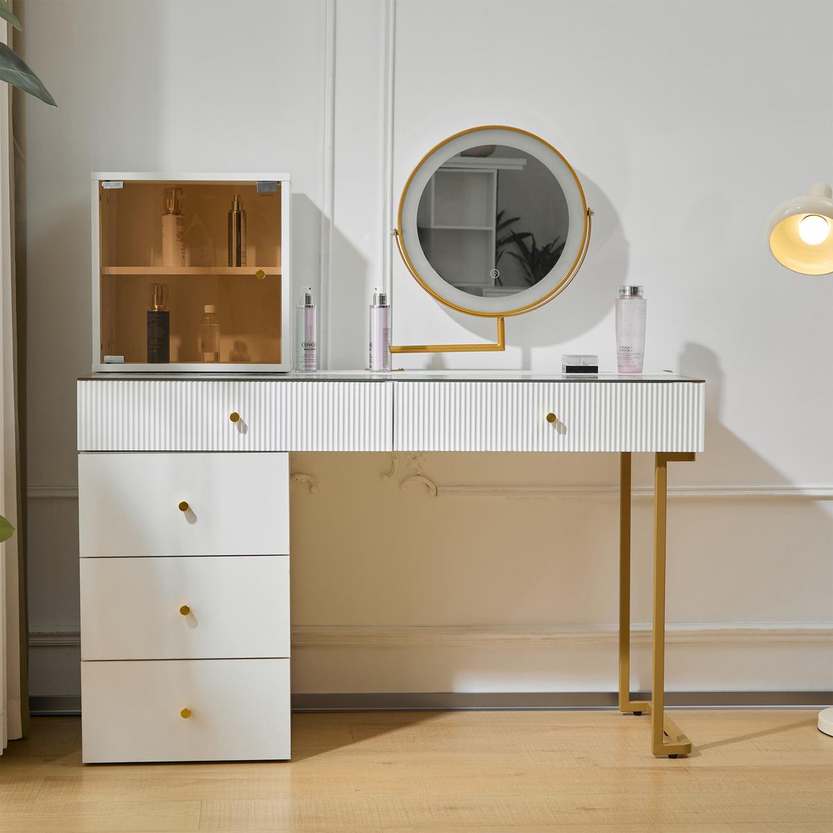 SCHMINKTISCH Weiß mit led-spiegel & glasplatte - Weiß, Holzwerkstoff (120/115/45cm) - Urban Meuble