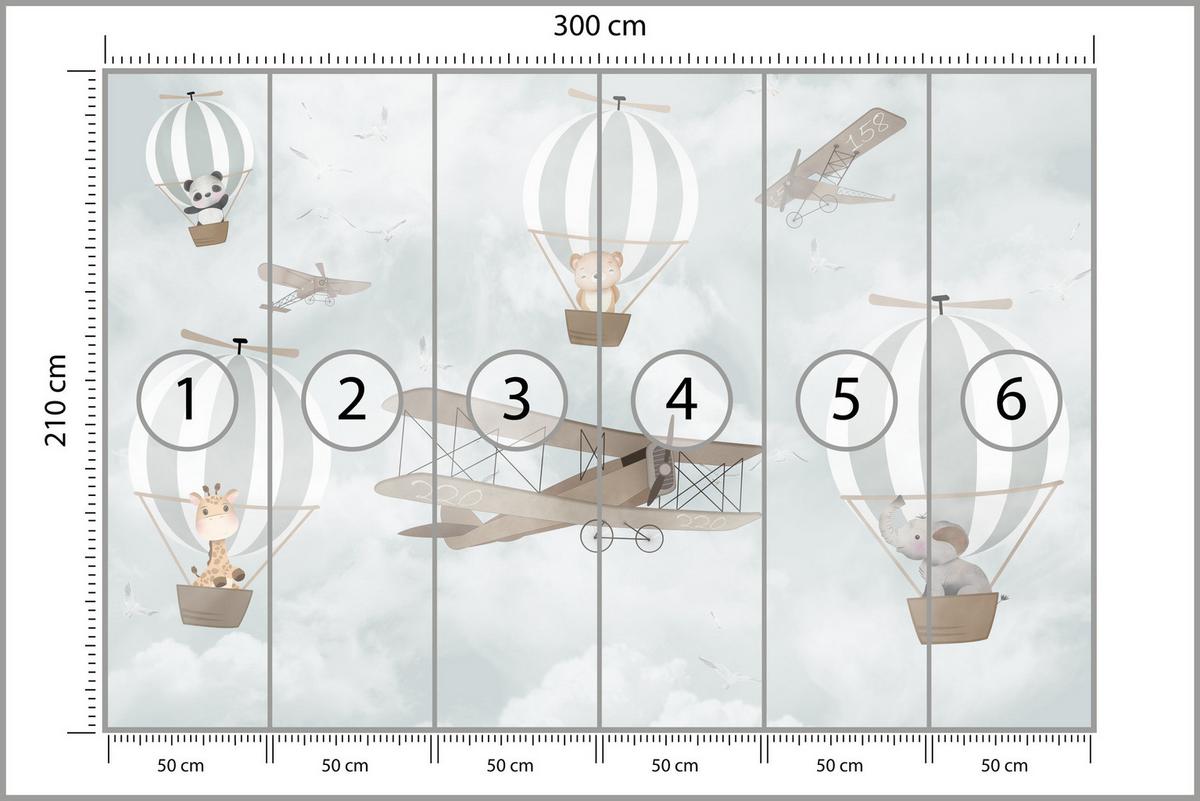 FOTOTAPETE für Kinderzimmer Ballons Tiere Wolken Flugzeuge Fantasie Retro 300x210 - Beige/Braun, Papier (300/210cm) - Muralo