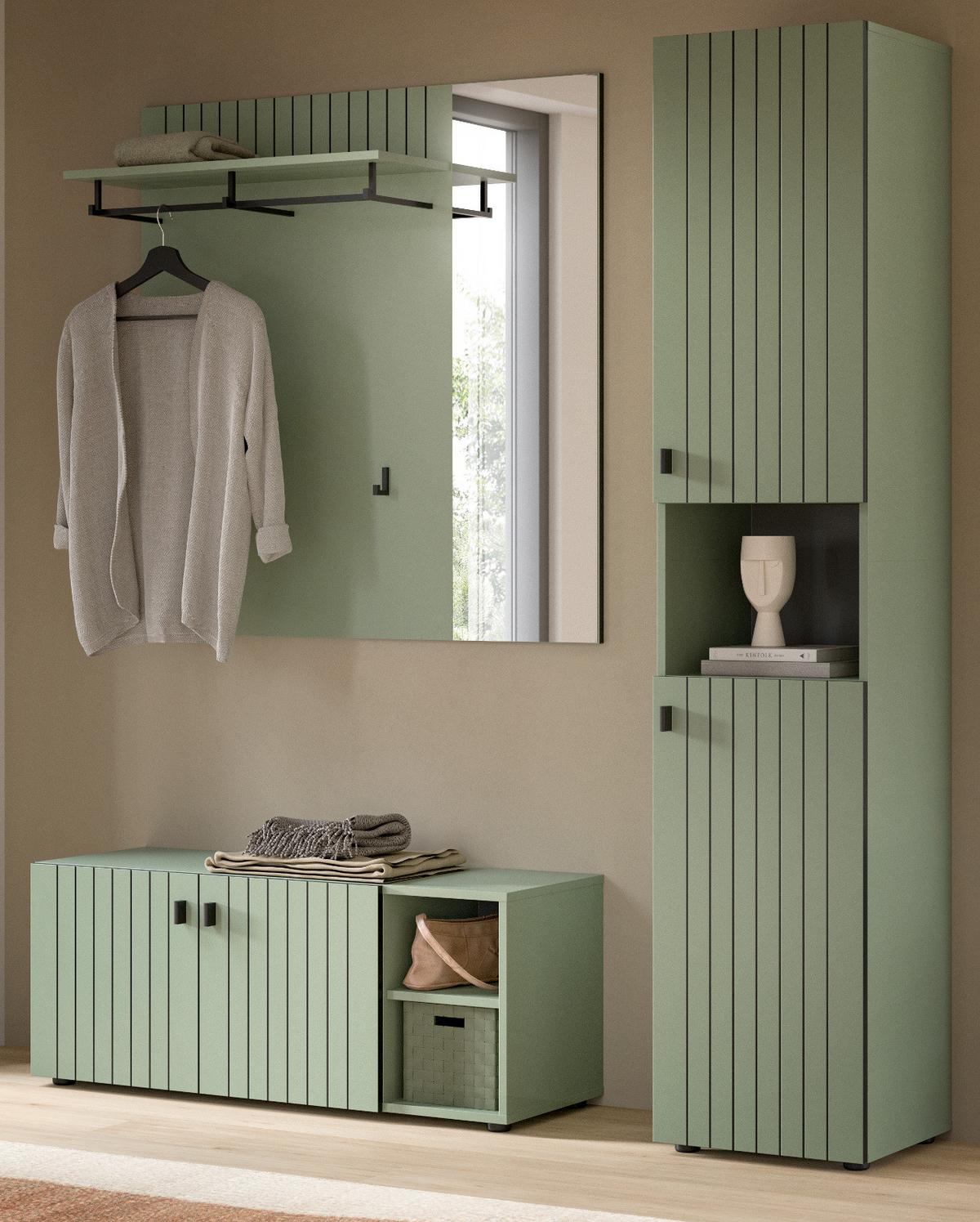 GARDEROBE-SET grün 3-teilig 161 cm, Flurschränke mit Rillen-Optik - Schwarz/Grün, Glas/Holzwerkstoff (161/192/37cm) - Inn.Furn