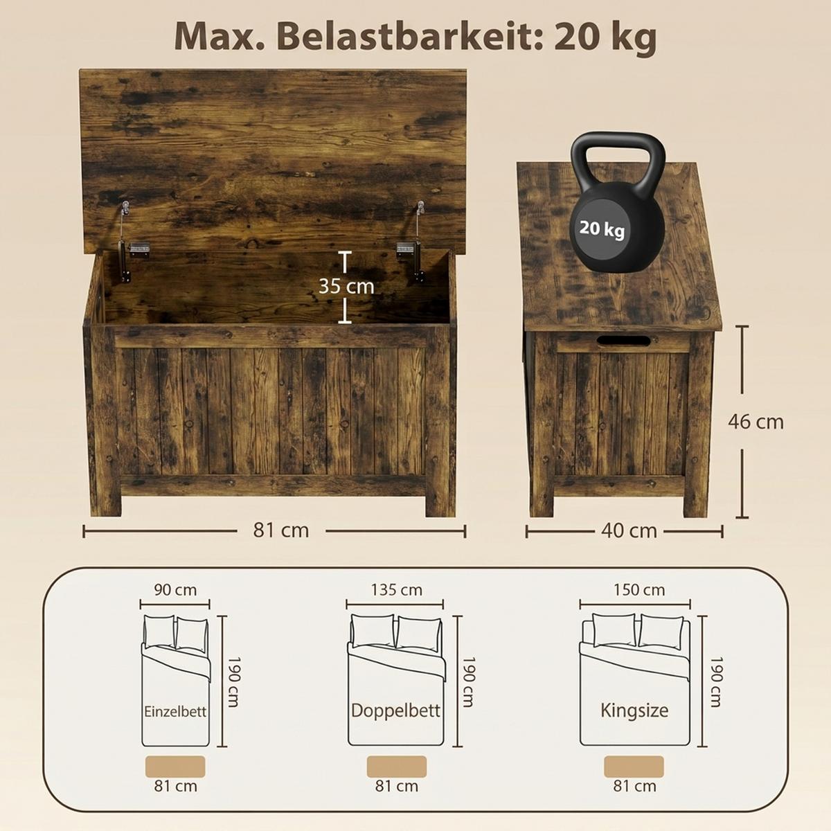 AUFBEWAHRUNGSTRUHE MDF Rustikales Braun - Braun, Holzwerkstoff (40/46/81cm) - HOMCOM