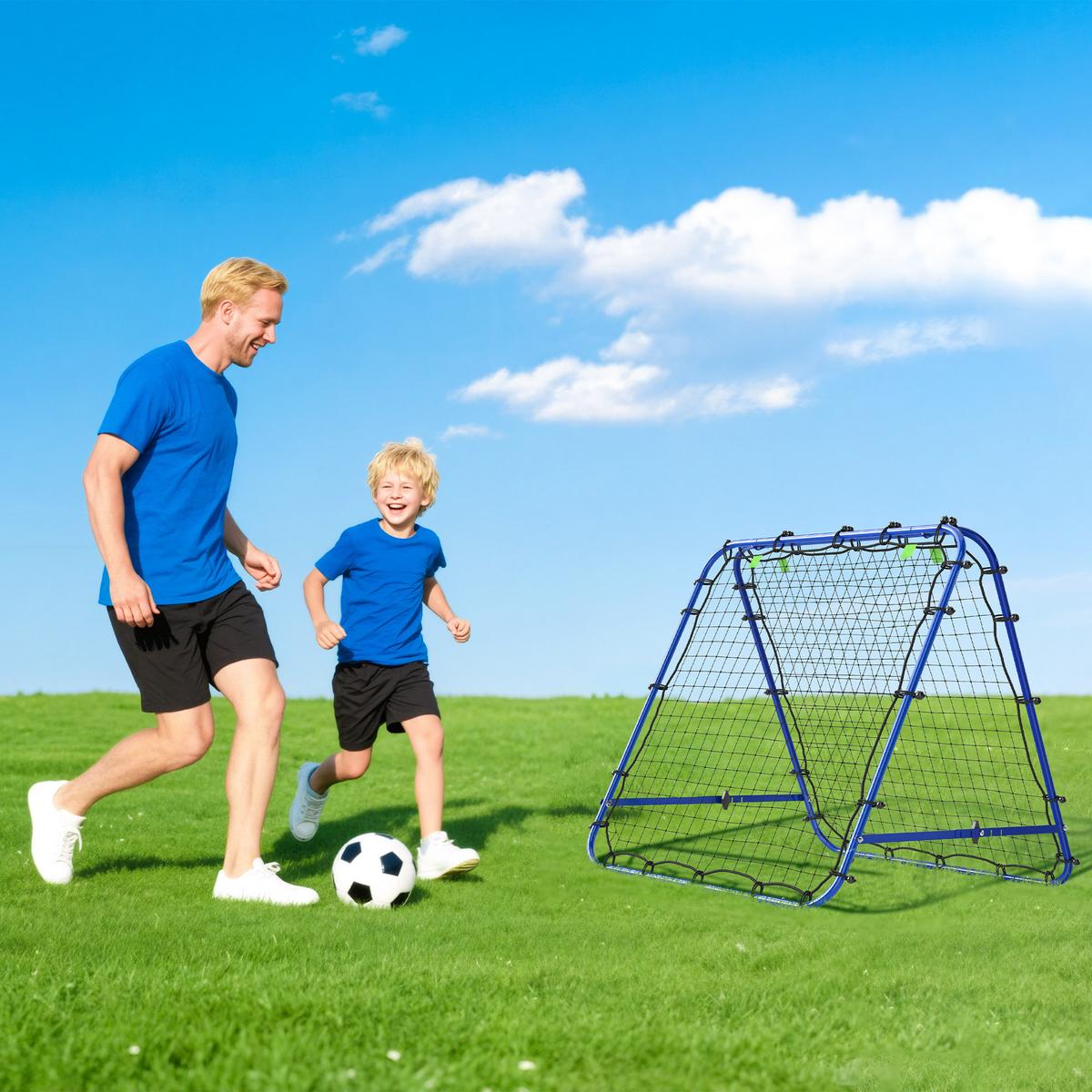FUSSBALL Rebounder Kickback Tor Rückprallwand beidseitiger Trainingsnetz Stahl - Blau, Metall (95/100cm) - HOMCOM