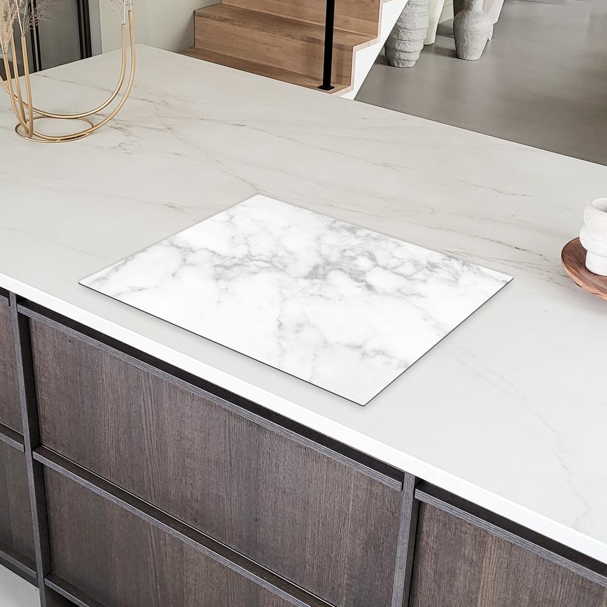 HERDABDECKPLATTE Marmor - Grau - Weiß - Strukturierter Marmor Herdabdeckung Induktionsfeld 70x52 cm - Weiß, Kunststoff (70/52/0.2cm) - MuchoWow