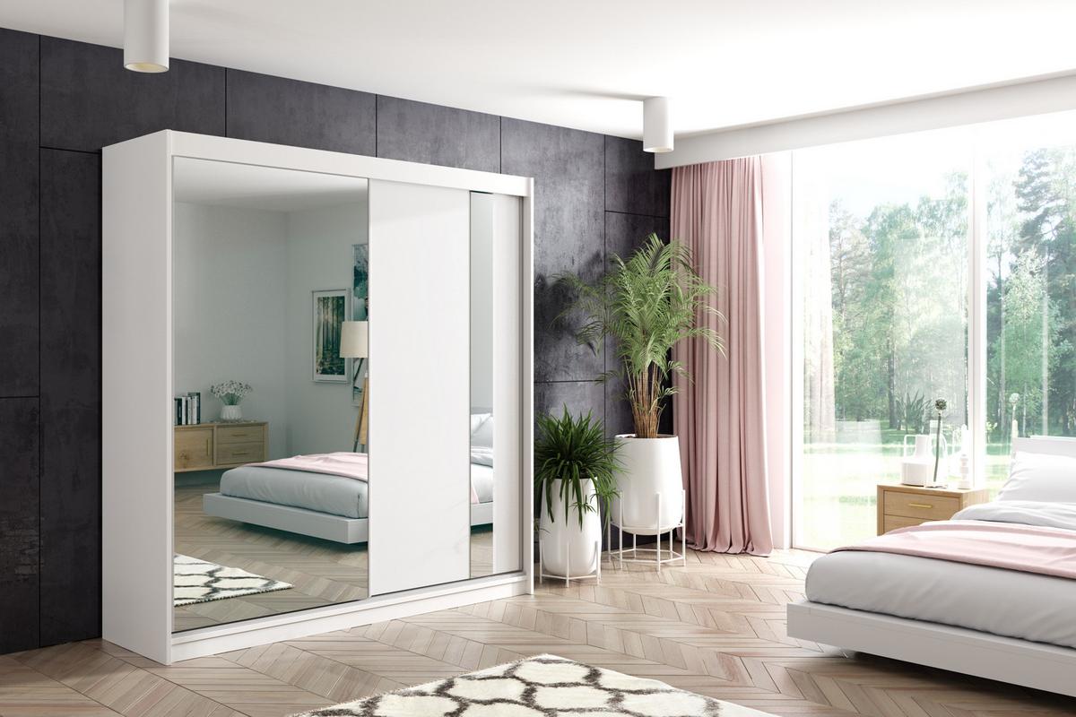 KLEIDERSCHRANK mit Spiegel-Schiebetüren und Aluminium-Leisten, LED-Beleuchtung - GRACE - 200 cm Weiß - Weiß, Holzwerkstoff (200/216/61cm) - ALTDECOR