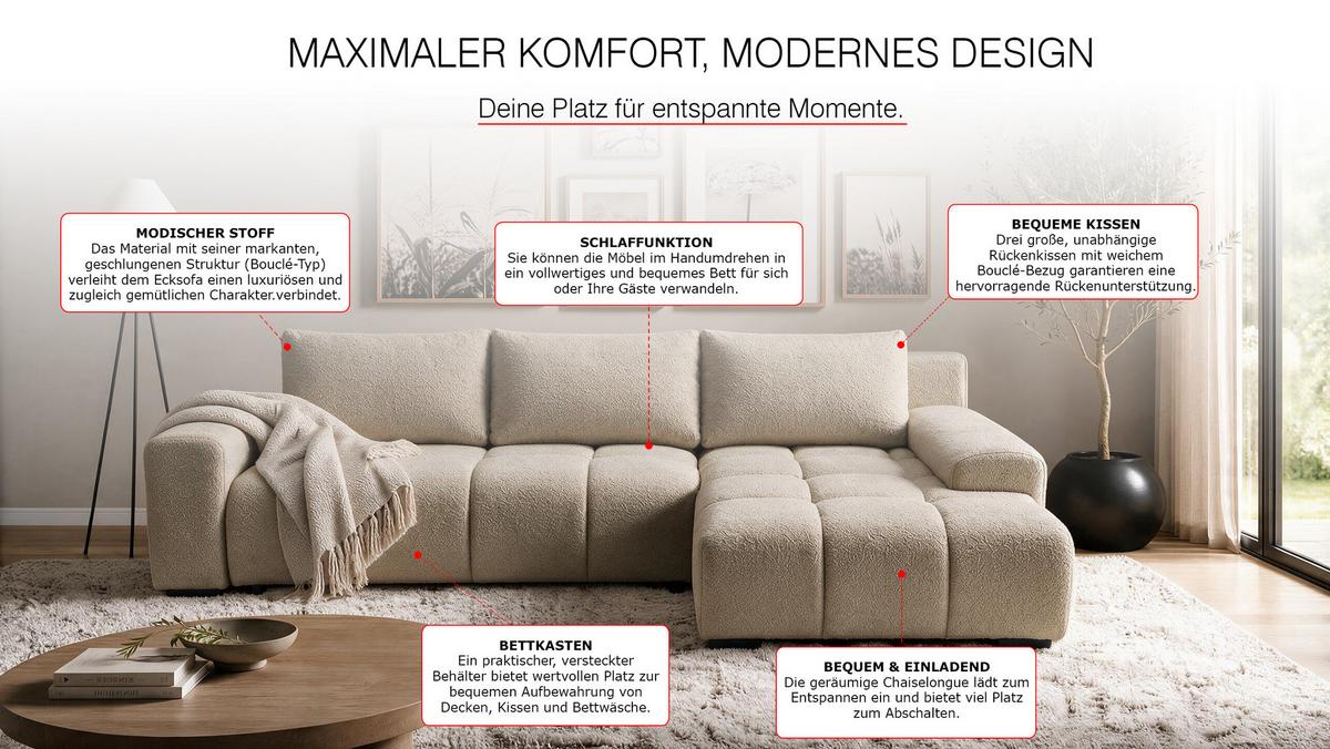 ECKSOFA Ovia mit Bettkasten und Schlaffunktion, Bouclé-Stoff in L-Form - Cappuccino, Textil (270/185cm)
