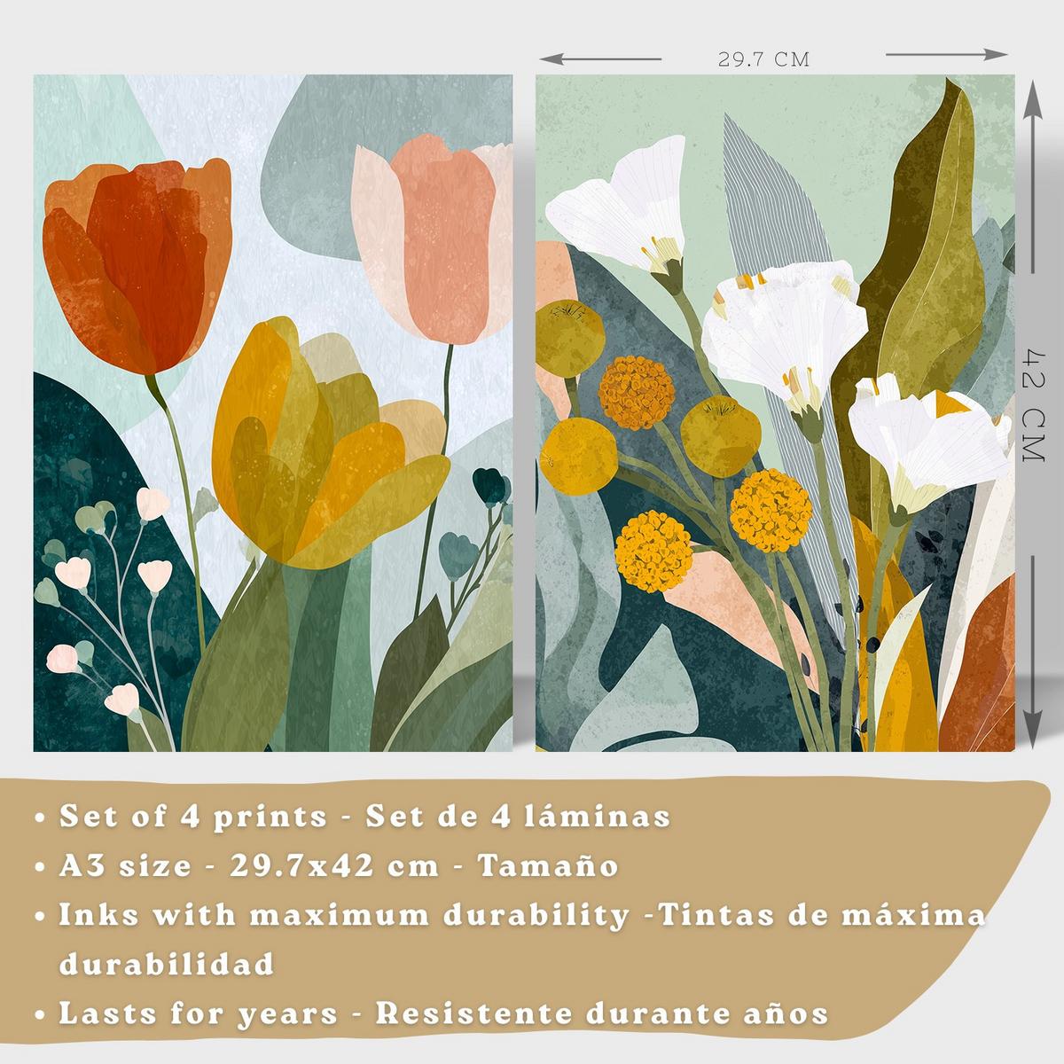 POSTER 4er-Set dekorative Badezimmerdrucke, moderne abstrakte florale Wandposter farbenfrohe nordische Dekoration Leichter Holzrahmen A3 - Beige, Papier (42/29.7/3cm) - Nacnic