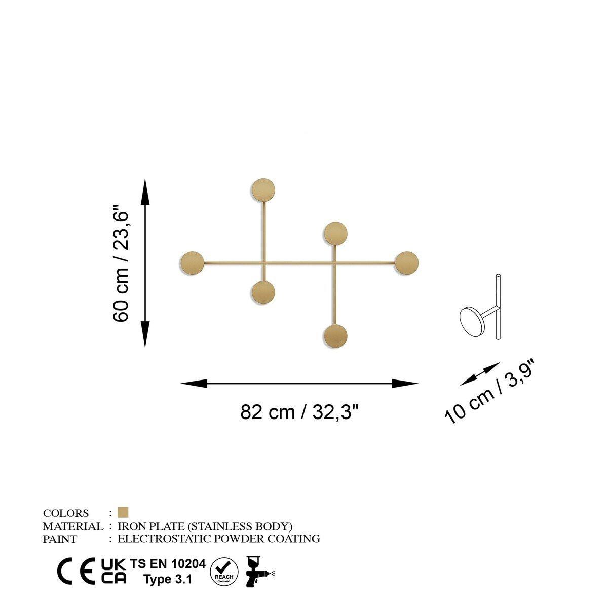 WANDGARDEROBE mit 6 Haken aus schwarzem Metall 82/10/60 cm - Goldfarben, Metall (10/60/82cm) - Calicosy