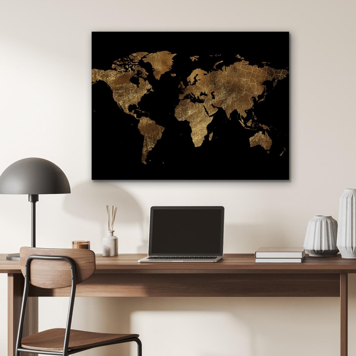 METALLBILD Weltkarte - Gold - Luxus - Erde - Schwarz 80x60 cm - Goldfarben, Metall (80/60cm) - MuchoWow