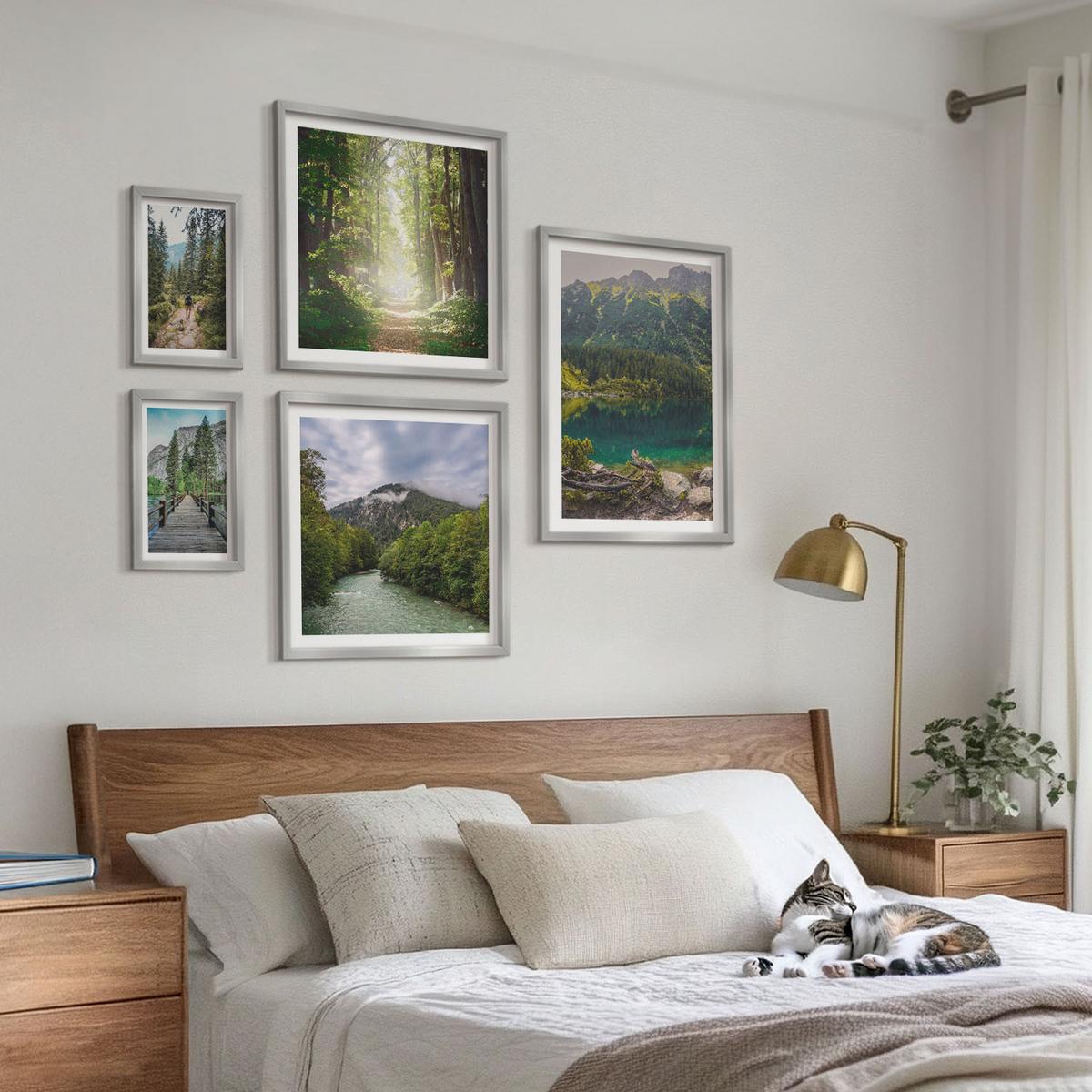 BILDER SET 5er Set - 50x50 cm & 20x30 cm & 40x60 cm Silberner Rahmen - Straße Wald Berge Hirsch Natur - Silberfarben, Kunststoff (40/60cm) - TULUP