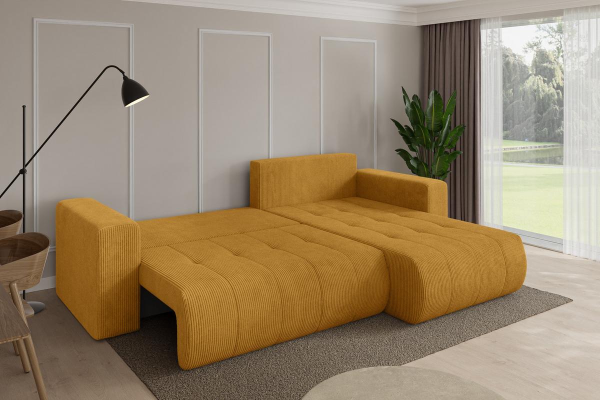 ECKSOFA mit Schlaffunktion Ottomane Rechts MILA-L 277x194x86 Senfgelb Cord - Dunkelgelb/Schwarz, Holzwerkstoff/Kunststoff (277/194cm) - ALTDECOR