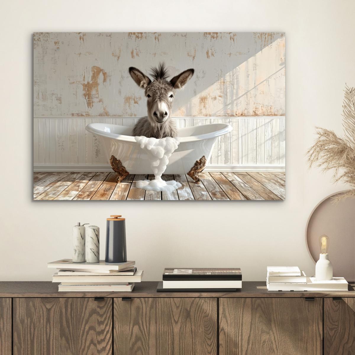 METALLBILD Esel - Tiere - Badewanne - Schaumstoff Wandbild 60x40 cm - Weiß, Metall (60/40cm) - MuchoWow