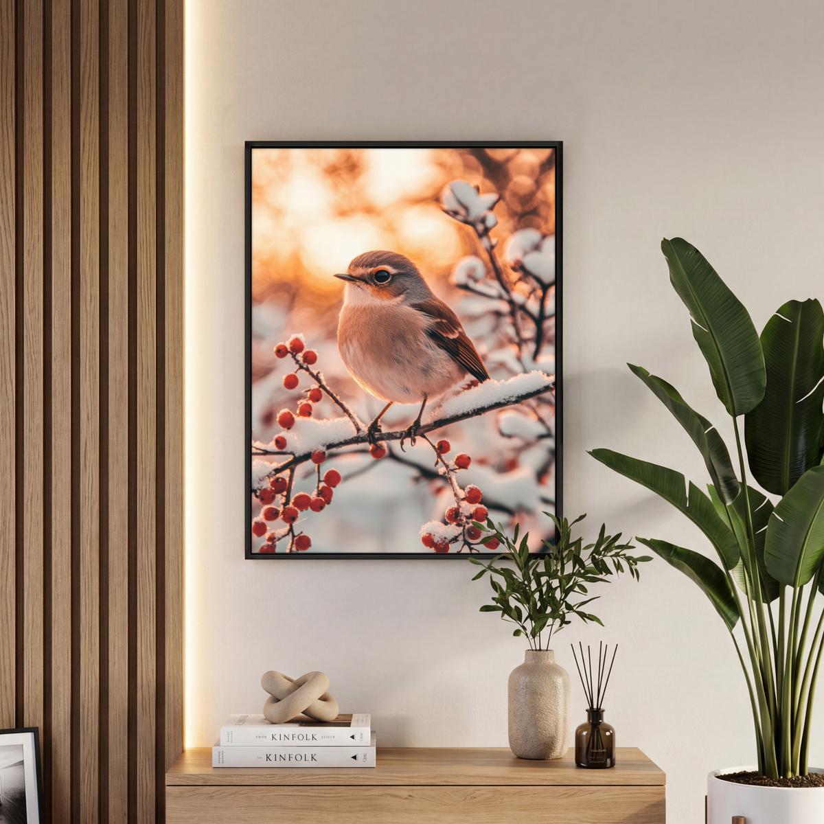 LEINWAND Bilder mit Rahmen - Vogel - Zweig - Winter - Tiere - Schnee - 50x70 - Bernsteinfarben, Textil (50/70cm) - MuchoWow