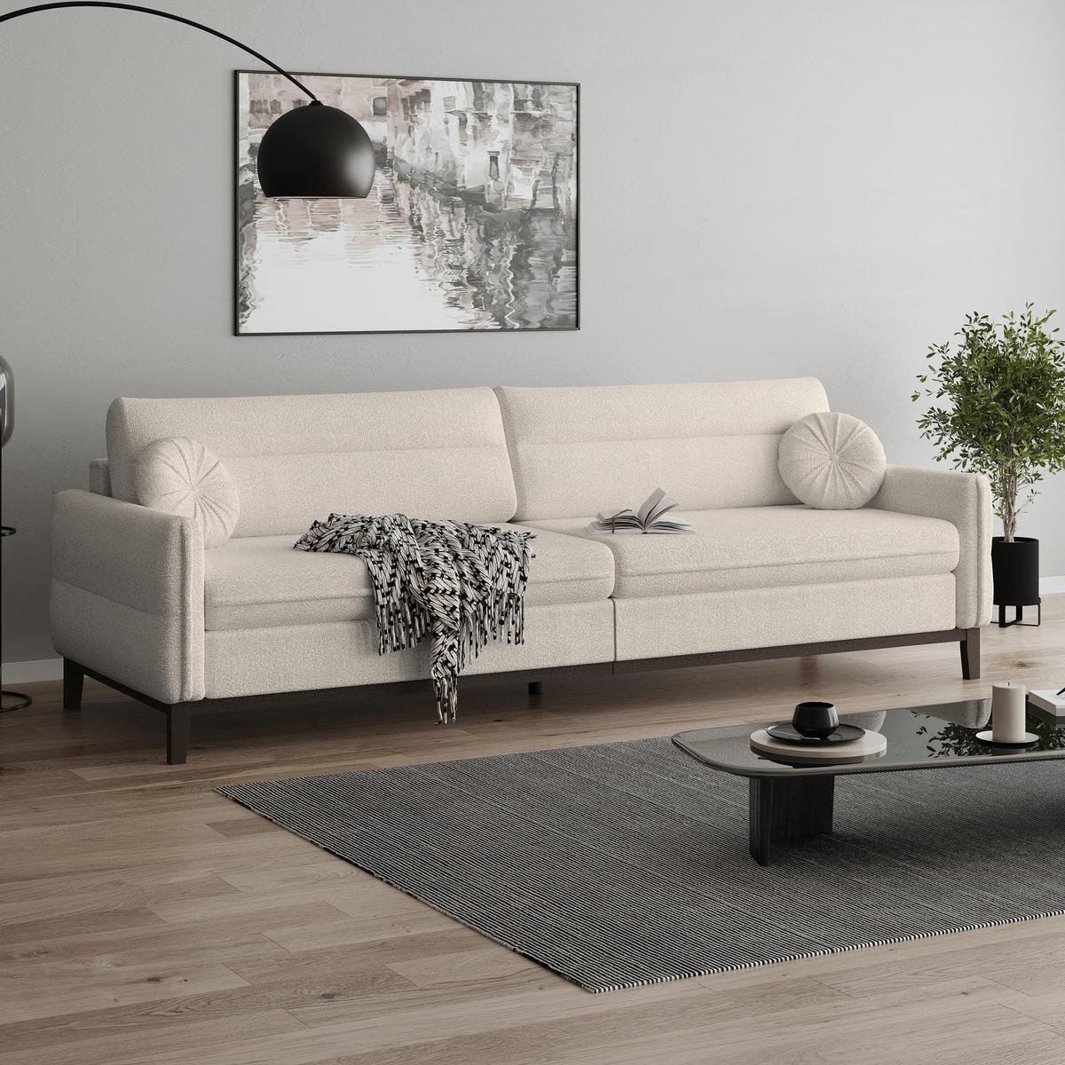 SITZGARNITUR Belweder, zwei Sofas+Sessel, Beige, Bouclé - Wengefarben/Champagner, Holz/Textil (268/95/94cm) - Beautysofa