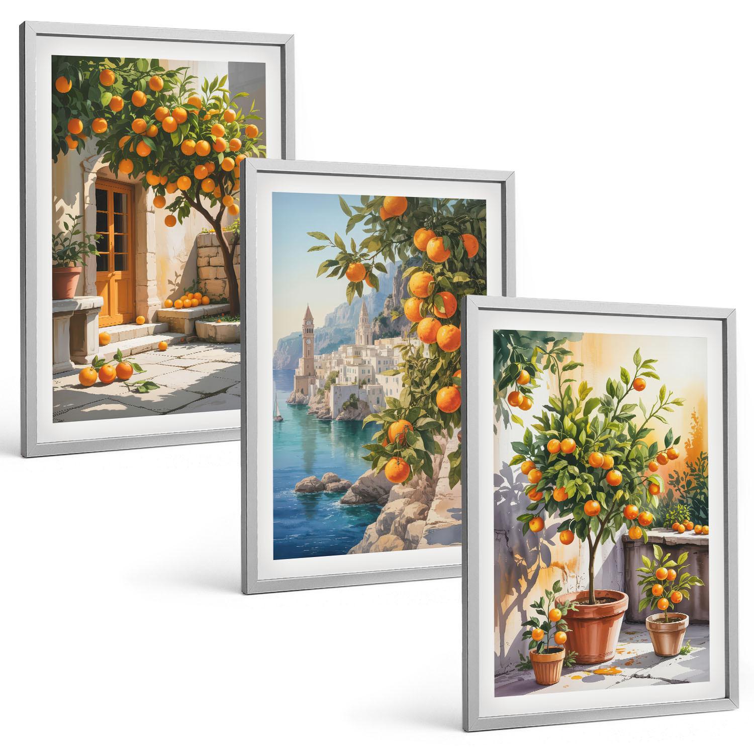 BILDER SET 3er Set - 40x60 cm Silberner Rahmen - Gemalte Zitruslandschaften - Silberfarben, Kunststoff (40/60cm) - TULUP