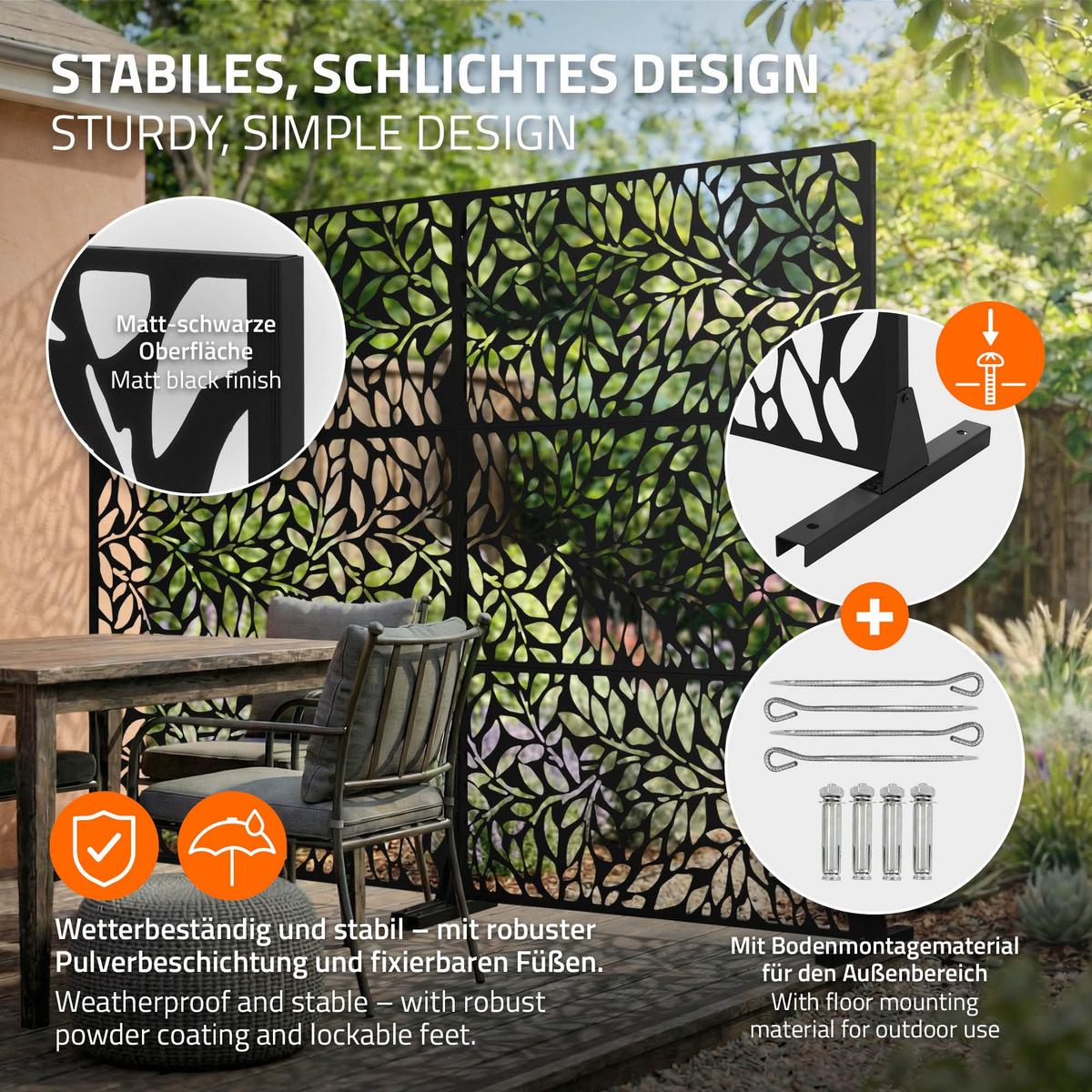 METALL-SICHTSCHUTZ Firenze 120x180 cm Schwarz aus Stahl - Schwarz, Metall (120/183cm) - ML-DESIGN