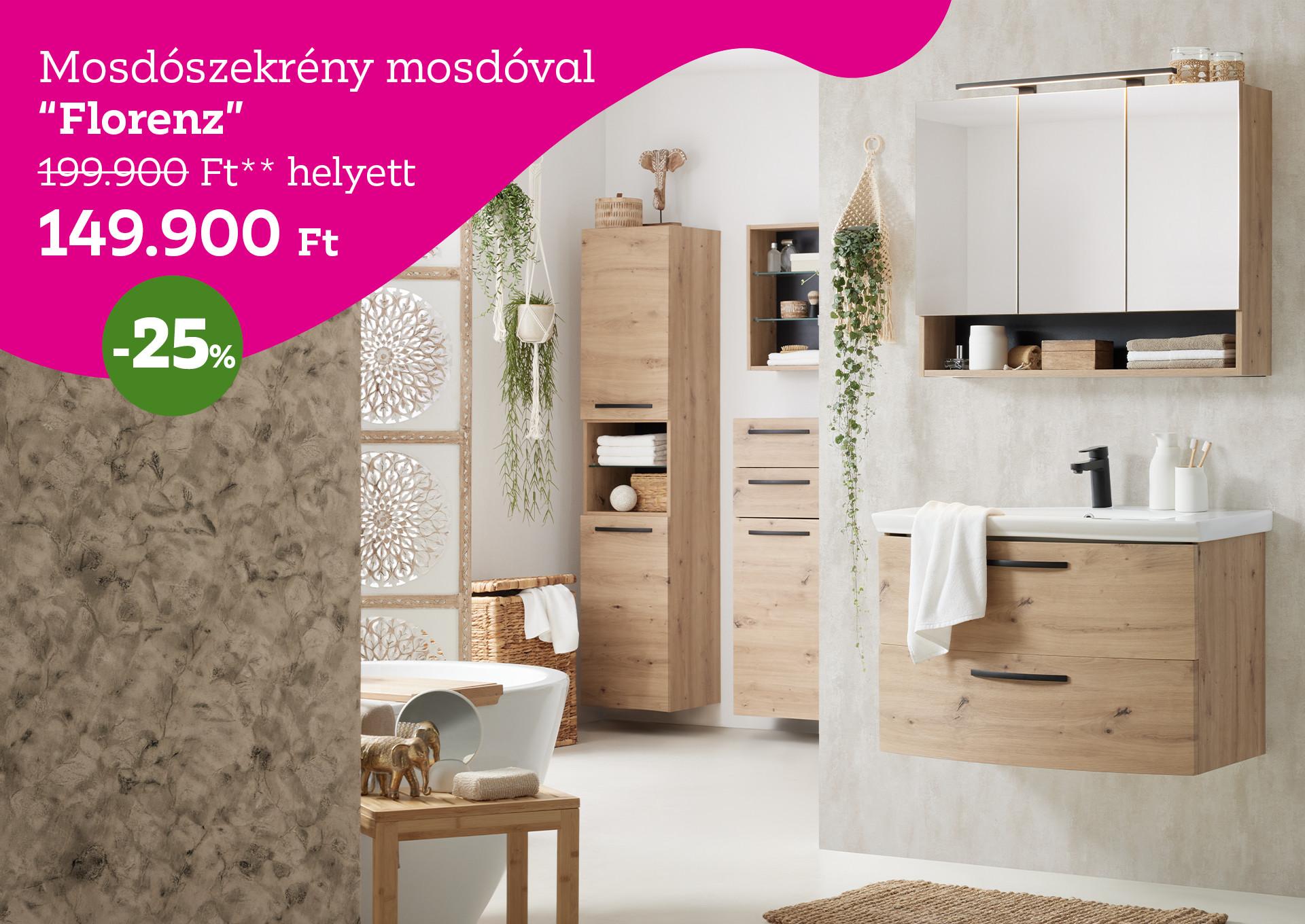 Mosdószekrény mosdóval Florenz 199900 Forint helyett 149900 Forint, kedvezmény mértéke 25%