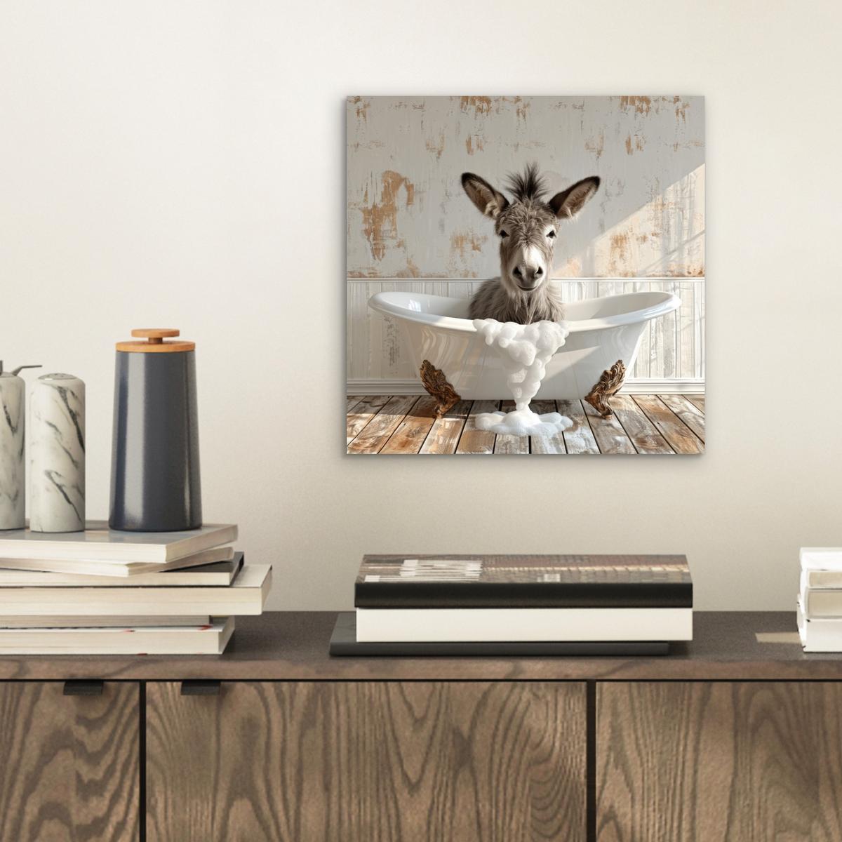 METALLBILD Esel - Tiere - Badewanne - Schaumstoff 20x20 cm - Weiß, Metall (20/20cm) - MuchoWow