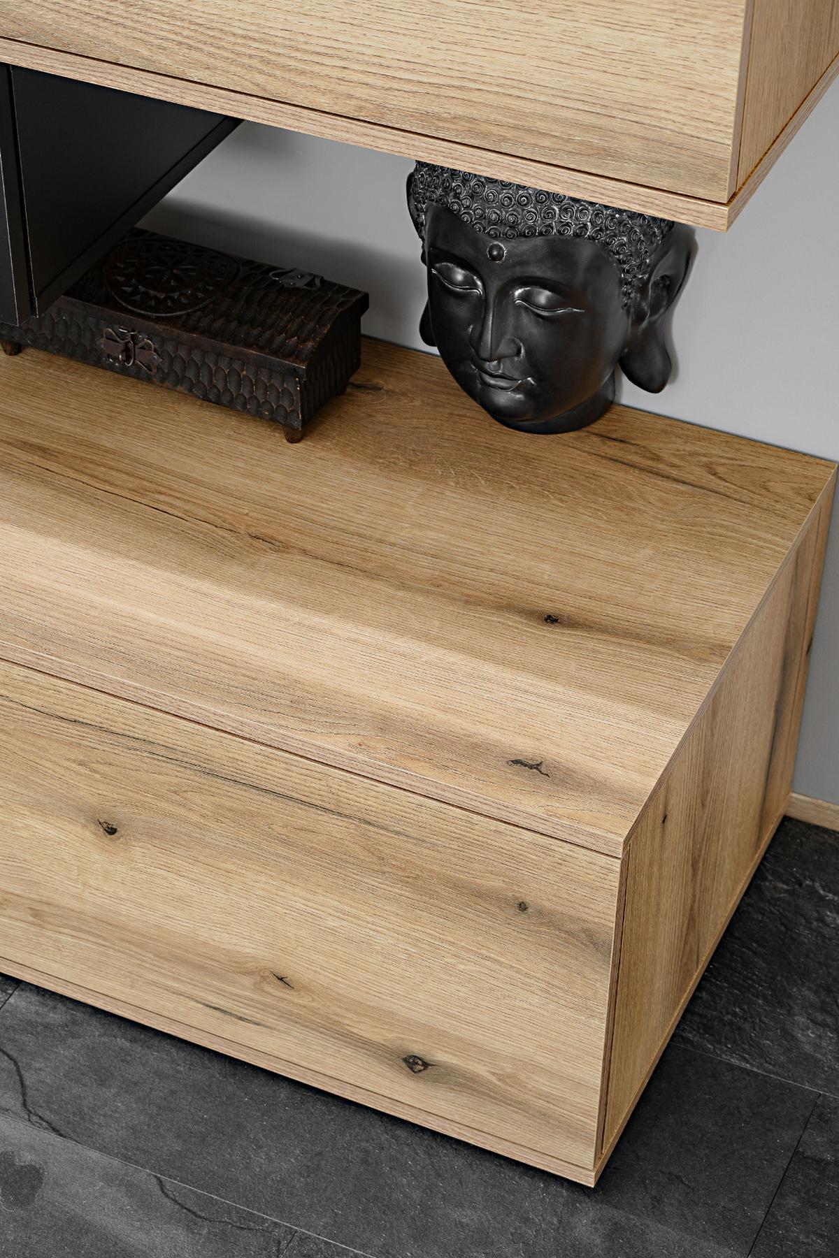 WOHNWAND Eiche, schwarz 280 cm, Schrankwand mit Push-to-Open inklusive Beleuchtung - Eichefarben/Schwarz, Glas/Holzwerkstoff (280/180/45cm) - Furn.Design