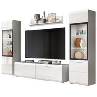 WOHNWAND weiß Hochglanz 4-teilig 280 cm, Schrankwand mit 2 Vitrinen - Weiß Hochglanz/Silberfarben, Glas/Holzwerkstoff (280/160/41cm) - Inn.Furn
