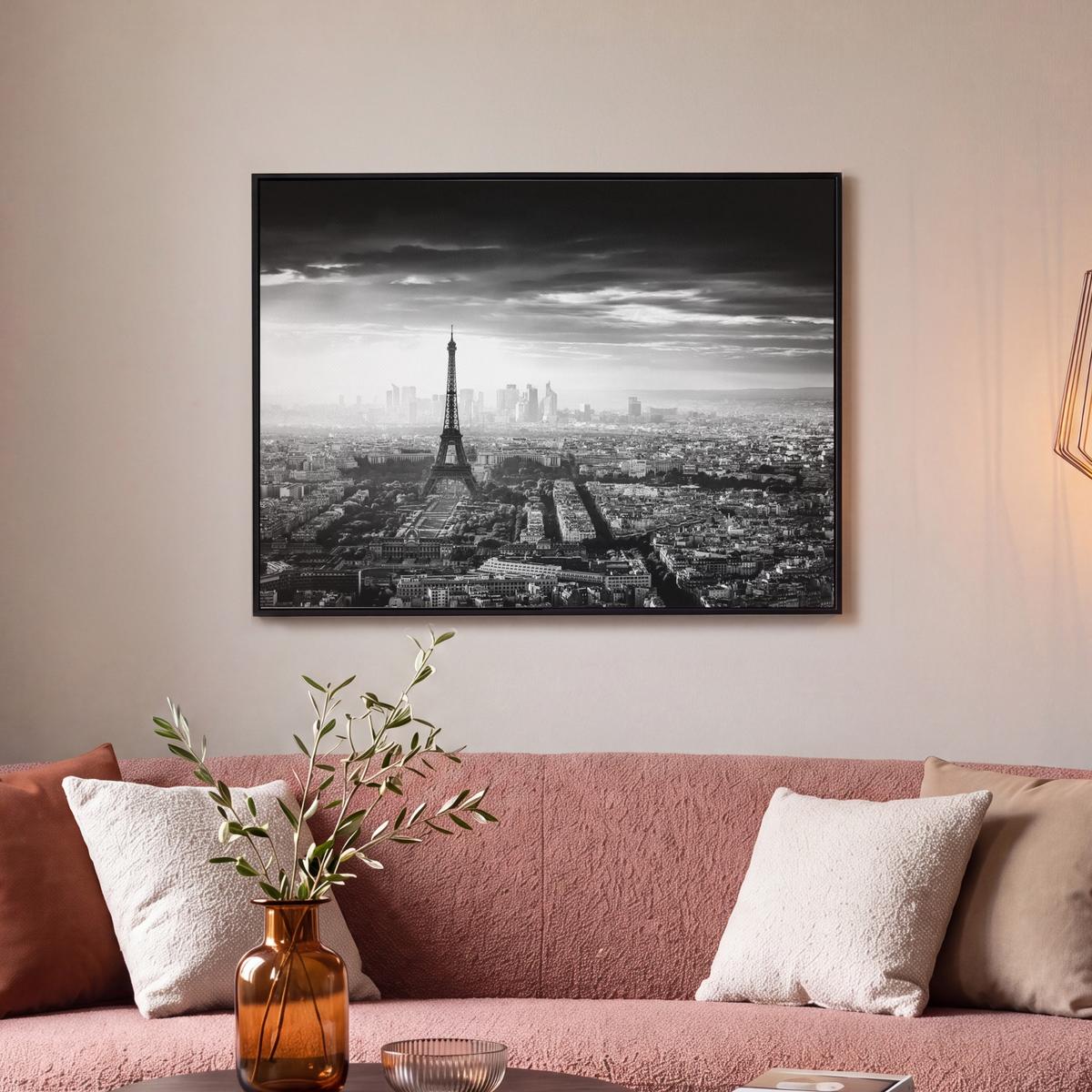 LEINWAND Bilder mit Rahmen - Paris - Skyline - Eiffelturm - Stadt - Wolken - 80x60 - Dunkelgrau, Textil (80/60cm) - MuchoWow
