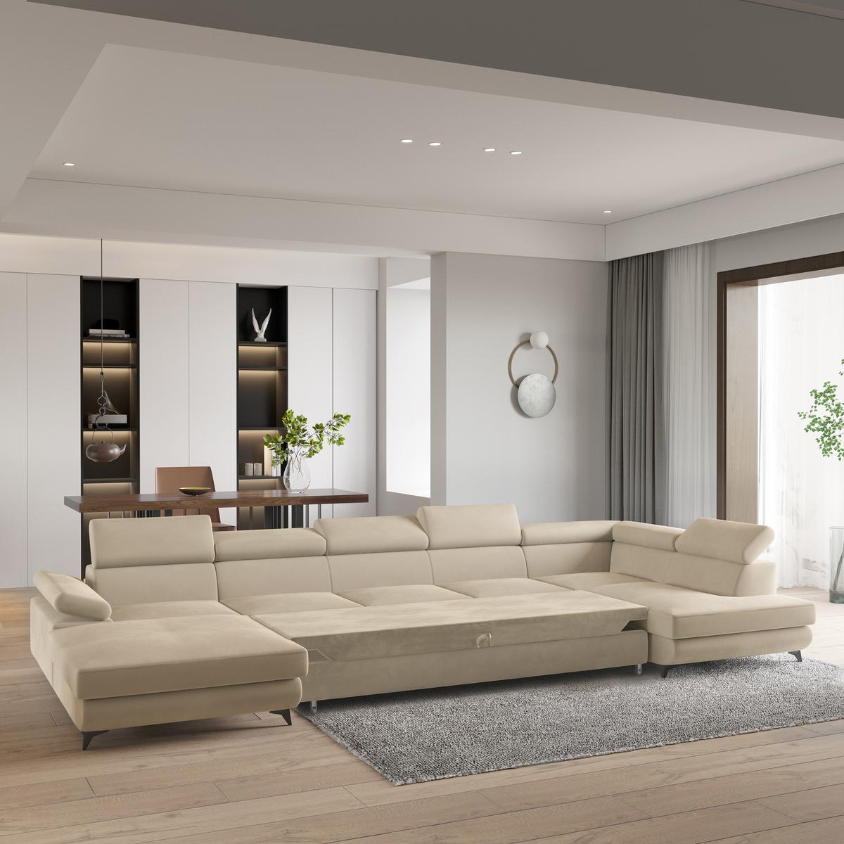WOHNLANDSCHAFT MONTIVA Creme Velours-Stoff mit Schlaffunktion - Creme, Holz (410/89/190cm) - MASSENO