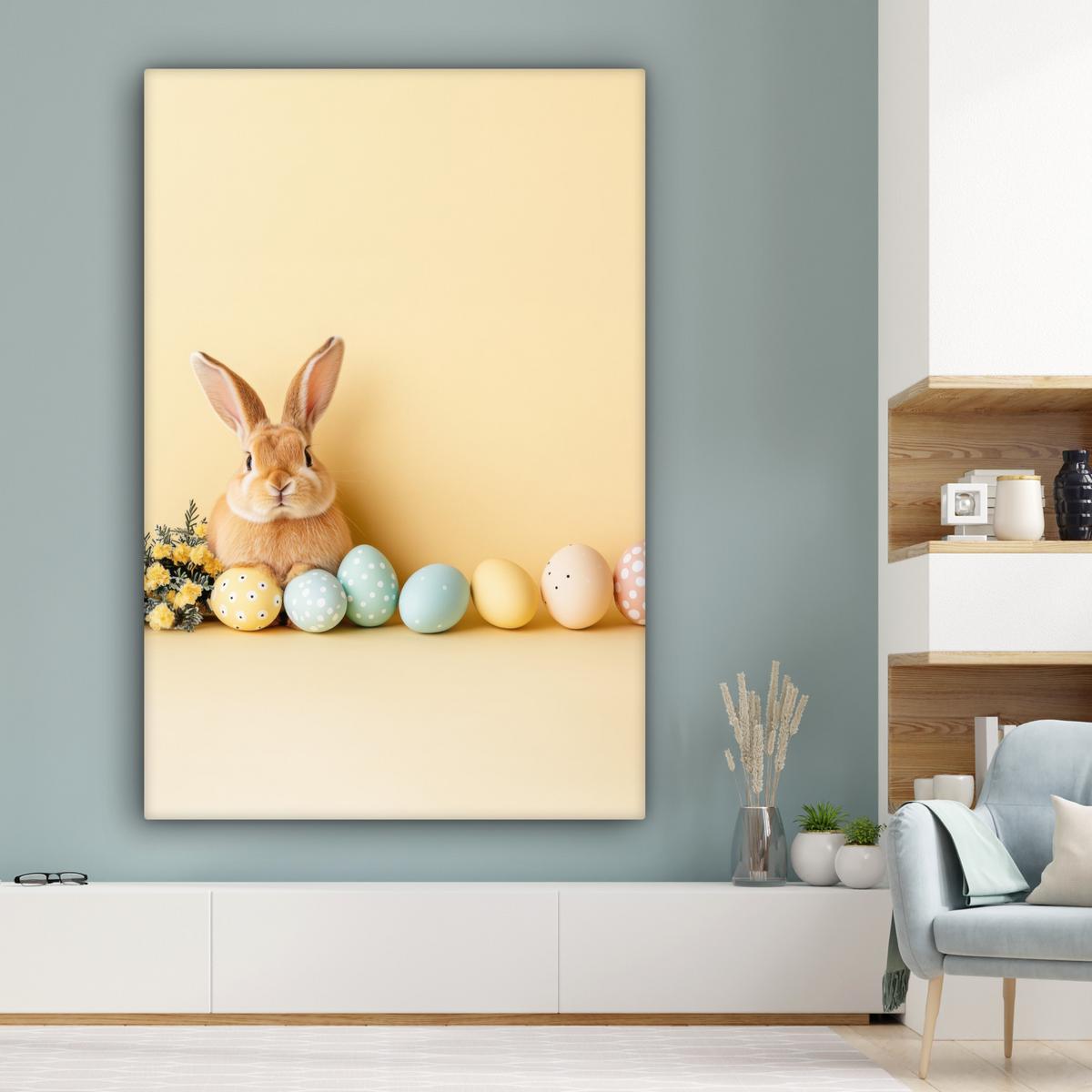 LEINWANDBILD Eier - Kaninchen - Pastellfarbtöne Deko Groß 90x140 cm - Hellgelb, Textil (90/140cm) - MuchoWow