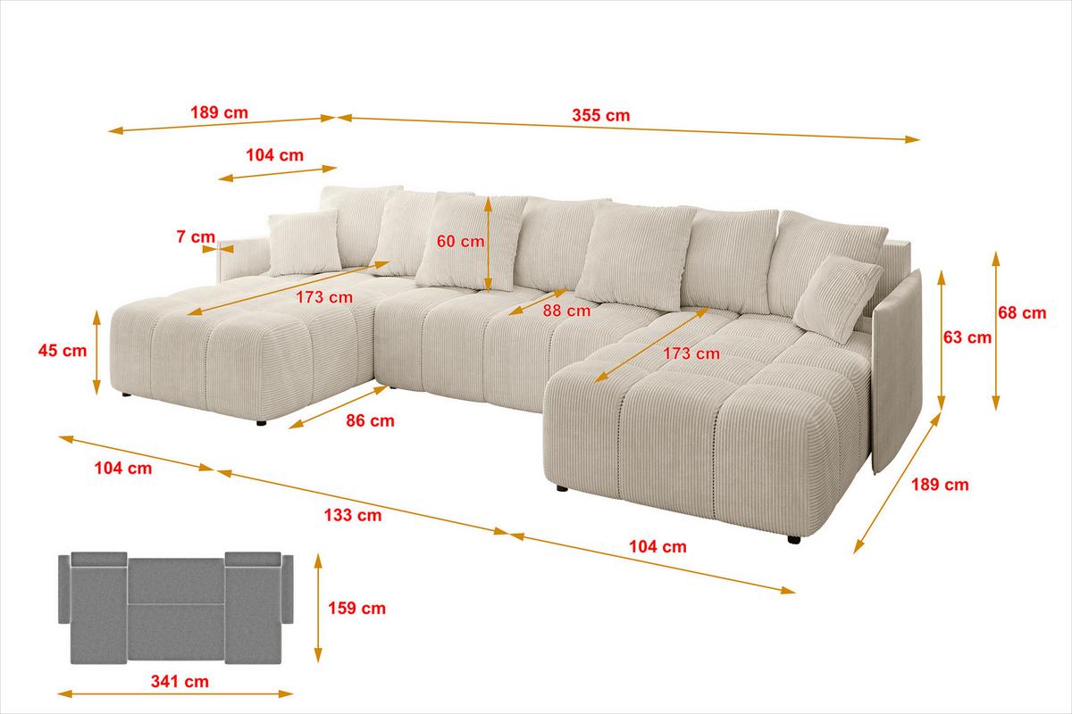 WOHNLANDSCHAFT LONLI-U 355x189x68 Beige Cord - Beige, Holzwerkstoff/Kunststoff (355/68/189cm) - ALTDECOR