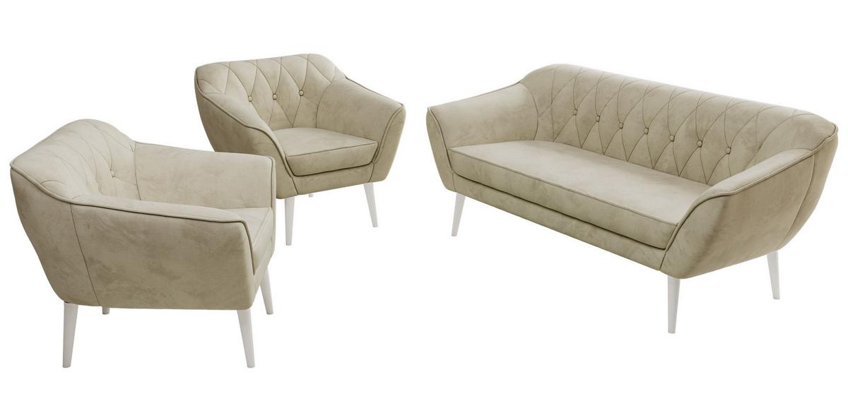 SITZGARNITUR PIRS 3+1+1 - Beige Velvet - Weiße Beine - Beige/Weiß, Holzwerkstoff/Textil (180/75/74cm) - MKS
