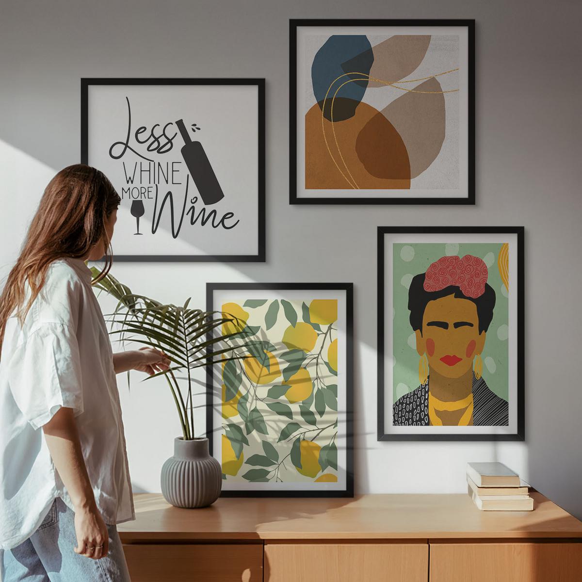 BILDER SET 4er Set - 50x50 cm & 40x60 cm Schwarzer Rahmen - Zitronenweinporträt von Frida - Schwarz, Kunststoff (50/50cm) - TULUP