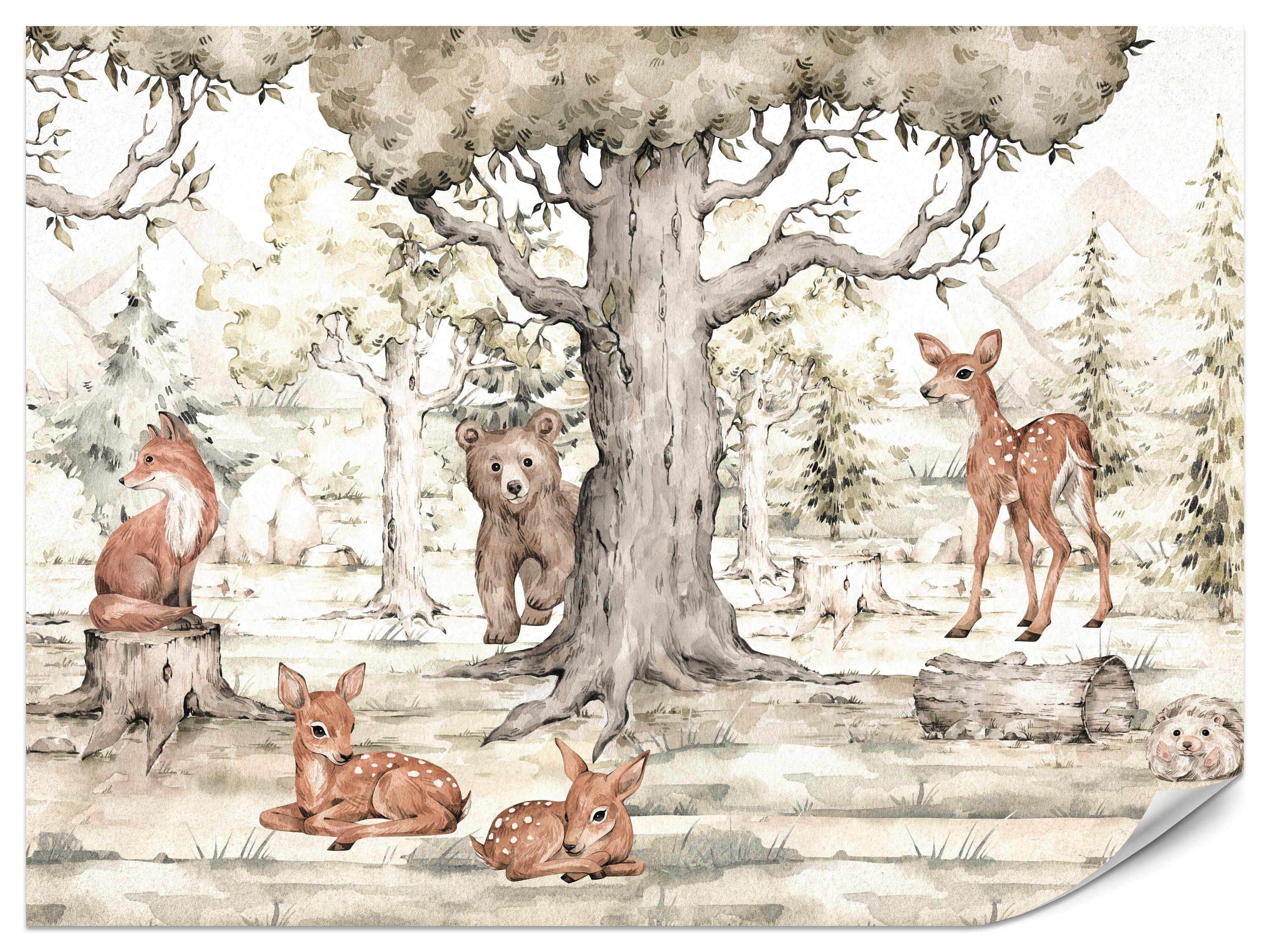 FOTOTAPETE für Kinderzimmer Waldtiere Aquarell Bär Fuchs Reh Bäume 200x140 - Beige/Orange, Papier (200/140cm) - Muralo
