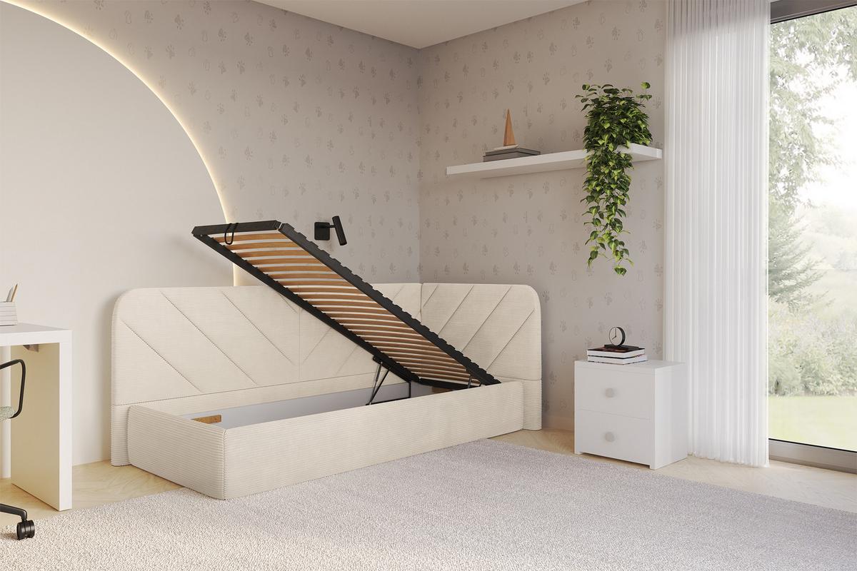 EINZELLBETT Jugendbett mit Bettkasten, Links - FIKY 80x200 Beige - Creme, Holzwerkstoff/Textil (80/200cm) - ALTDECOR