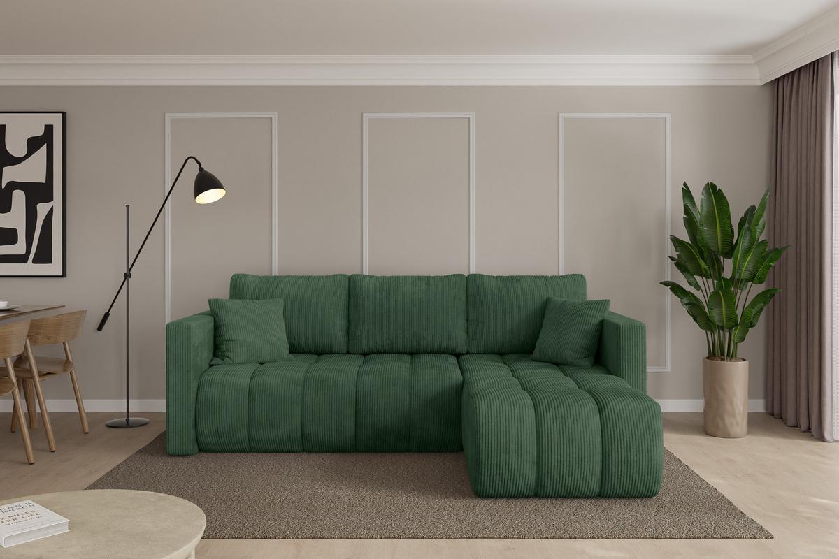 ECKSOFA mit Schlaffunktion Ottomane Rechts GARD-L 226x146x85 Grün Cord - Dunkelgrün/Schwarz, Holzwerkstoff/Kunststoff (226/146cm) - ALTDECOR