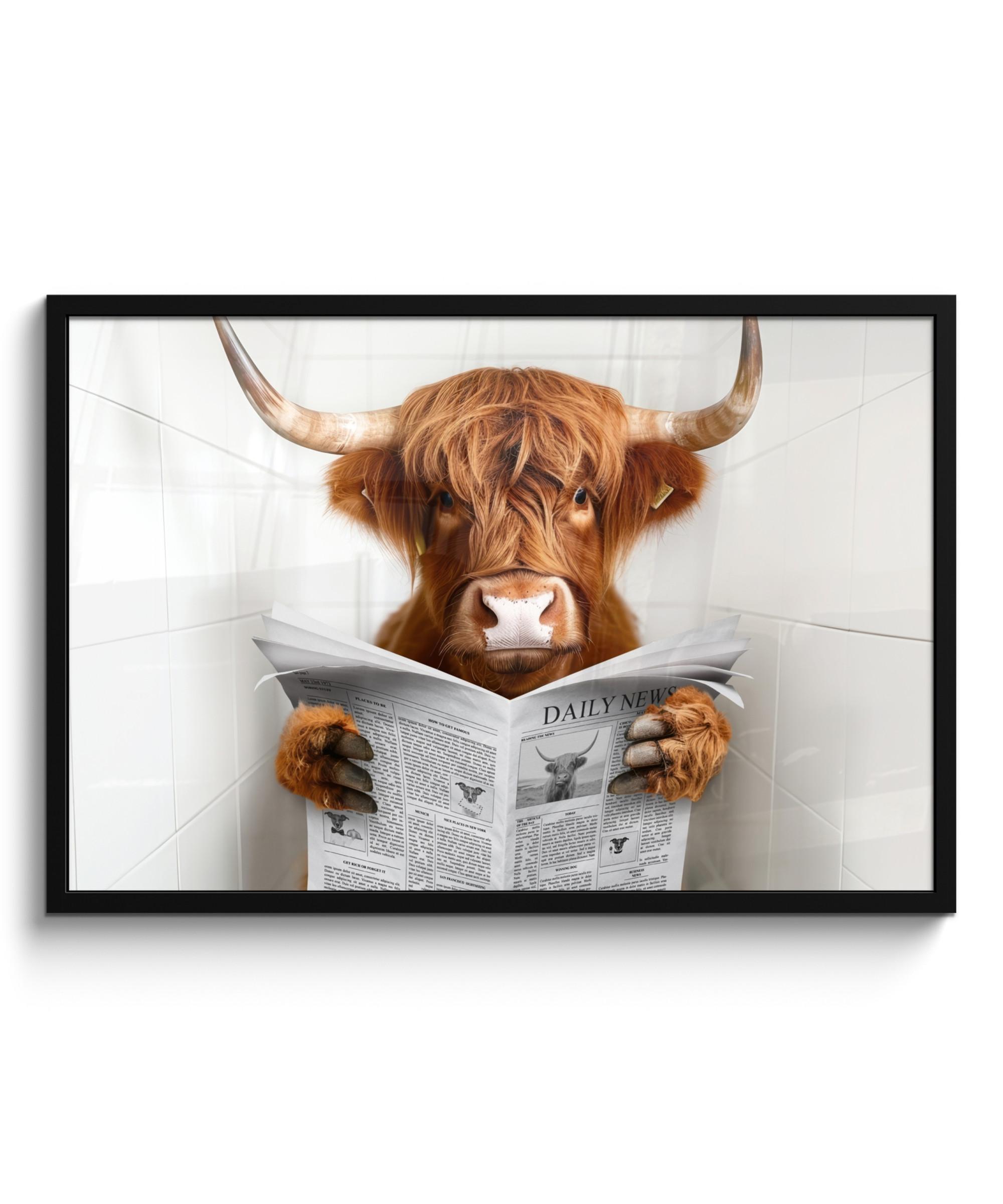 POSTER MIT RAHMEN Schottischer Highlander - Tier - Zeitung - Toilette 90x60 cm - Kastanienfarben, Papier (90/60cm) - MuchoWow